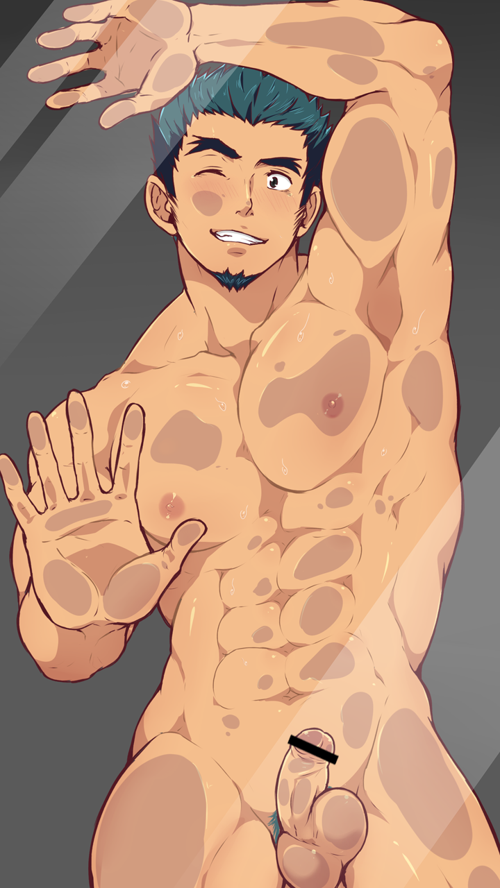 1boy abs bacchikoi! bar_censor bara facial_hair flaccid foreskin male_only mazjojo muscles nude pecs penis solo tadano_genji testicles wallpaper