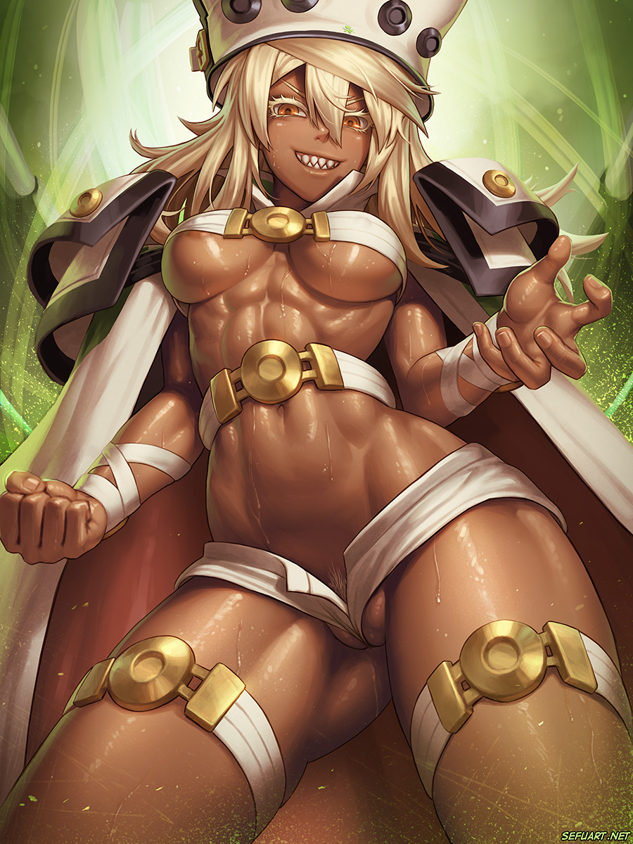1girls, abs, areola slip, blonde hair, breasts, cameltoe, dark skin, dark-skinned female, female, female only, guilty gear, guilty gear xrd, hat, minishorts, muscular, muscular female, open clothes, open shorts, pubic hair, pussy, pussy peek, pussy slip, ramlethal valentine, sefuart, smile, solo, source request, standing, sweat, underboob, unzipped pants, unzipped shorts