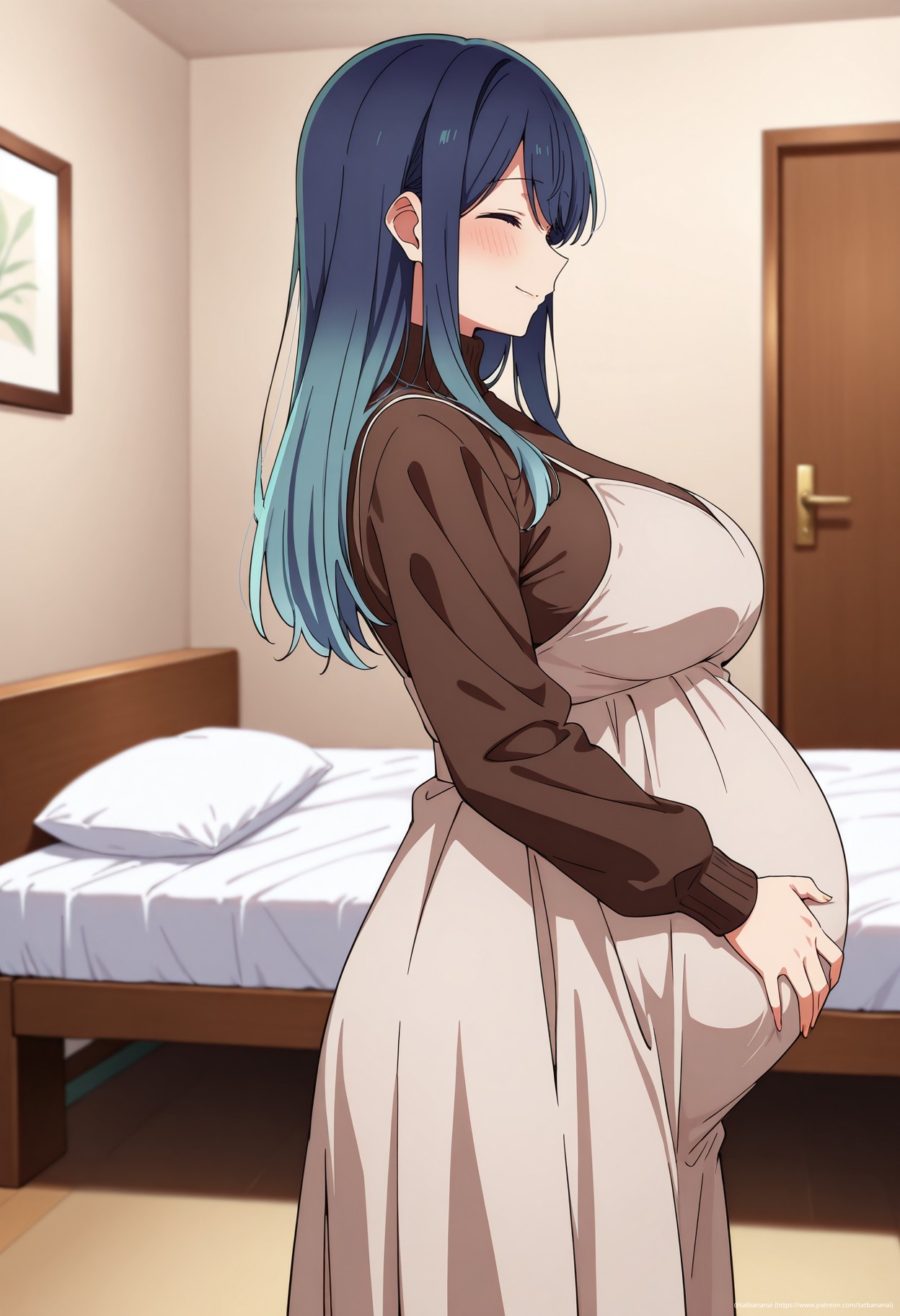 ai generated, big breasts, blue eyes, blue hair, breasts, bush, curvy, female, kurokawa akane, maternity clothes, maternity dress, oshi no ko, pov, pov eye contact, pregnant, pregnant belly, pregnant sex, pubic hair, sex, wholesome