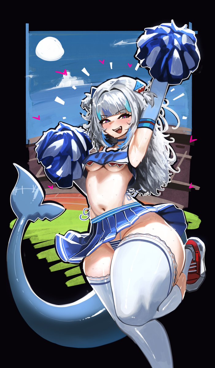 big_breasts blue_eyes cheerleader_outfit cheerleader_uniform curvy curvy_figure female female_focus female_only football_field franzilla gawr_gura hololive hololive_english hololive_myth hourglass_figure huge_ass huge_thighs looking_at_viewer pear_shaped pom_poms shark_tail sharp_teeth short_skirt silver_hair slightly_chubby small_breasts sneakers thighhighs underboob underwear viewed_from_below virtual_youtuber voluptuous voluptuous_female