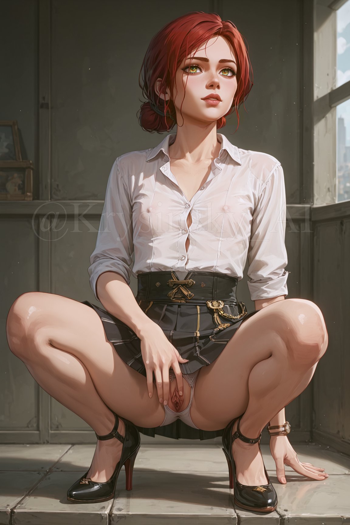 ai_generated breasts female high_heels krysinsky_ai light-skinned_female looking_at_viewer nipples_visible_through_clothing panties pussy red_hair skirt solo spread_legs the_witcher_(series) the_witcher_3:_wild_hunt triss_merigold