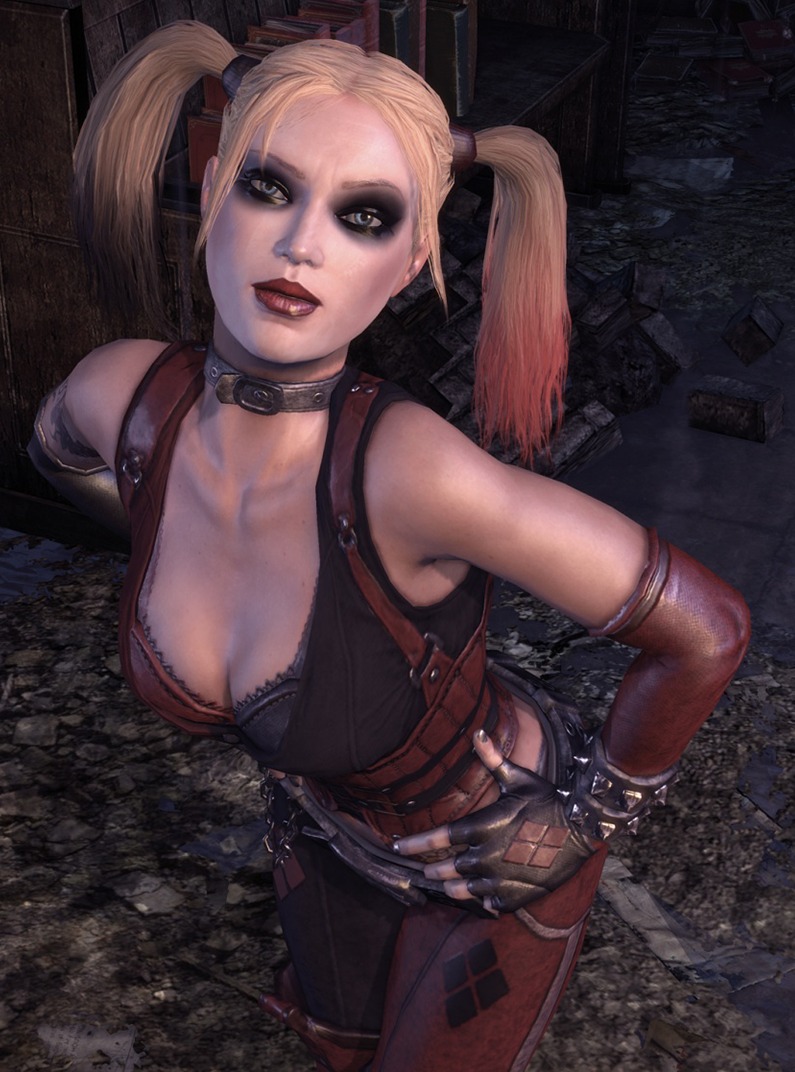 dc_comics hands_on_hips harley_quinn_(arkham_city) leather_pants sexy_pose warner_brothers