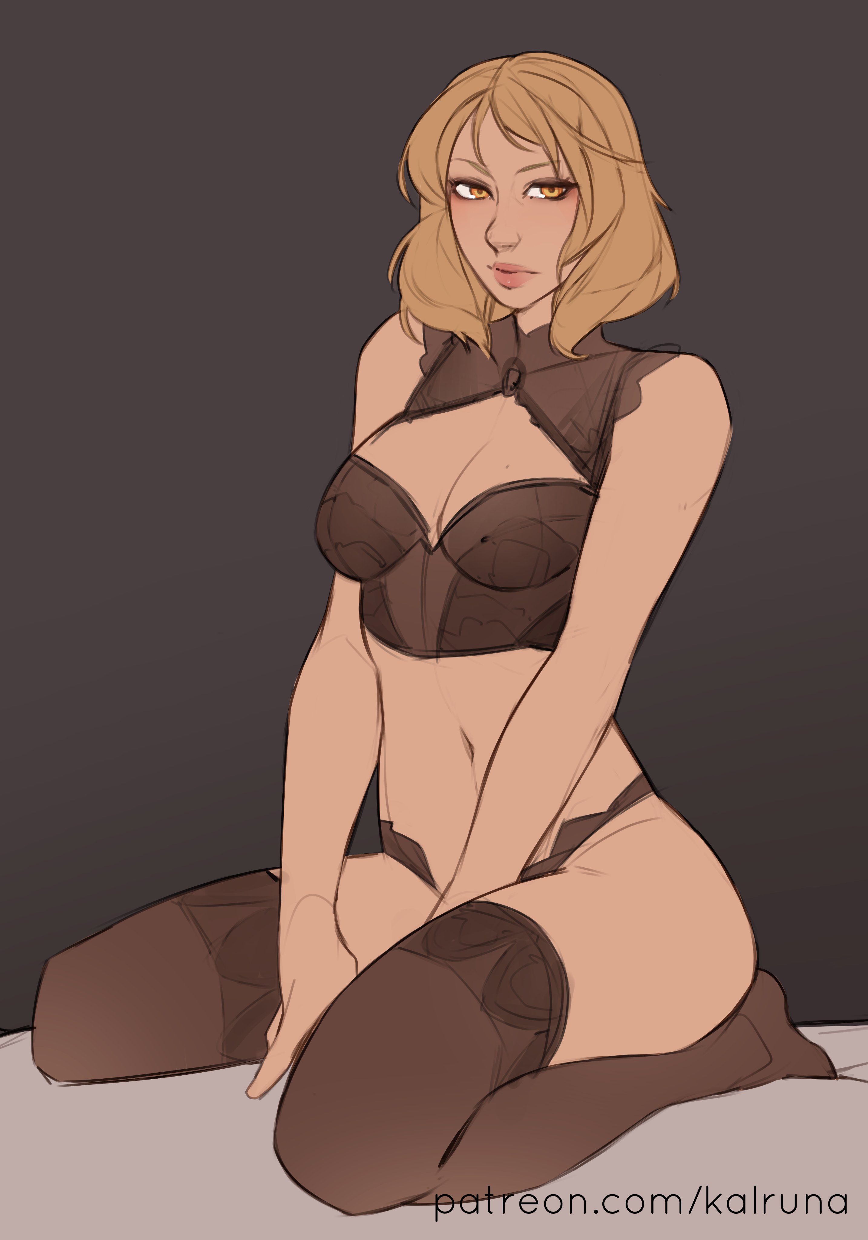 1girls, black bra, black thighhighs, blonde hair, bra, female, female only, kalruna, kneeling, lana beniko, lingerie, pinup, solo, star wars, star wars: the old republic, thighhighs