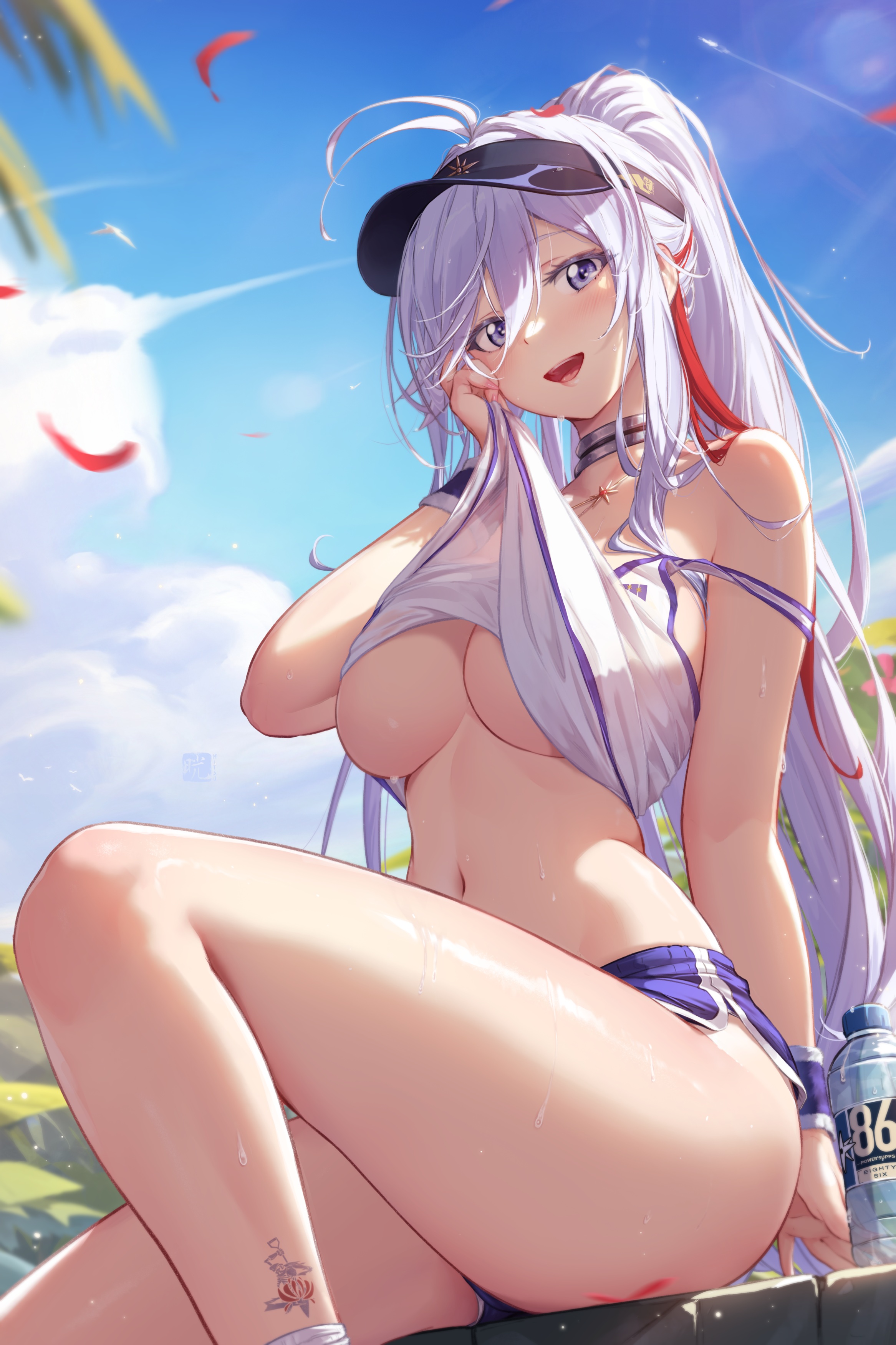1girls, 86 -eightysix-, beautiful girl, belly, belly button, belly fetish, breasts, female torso, fit, fit female, gym clothes, gym clothing, gym shorts, hat, hot female, hourglass figure, hourglass figured female, legs, lifting shirt, lifting up, lifting up shirt, long hair, mitsu art, navel, navel cutout, navel fetish, navel line, navel outline, perfect body, perfect boobs, red tuft, showing off, silver eyes, silver hair, sweat, sweatdrop, sweating, sweaty, sweaty body, thick, thick thighs, thighs, thin female, thin waist, underboob, underboob cutout, violet eyes, vladilena millize, wide hipped female, wide hips, wide thighs
