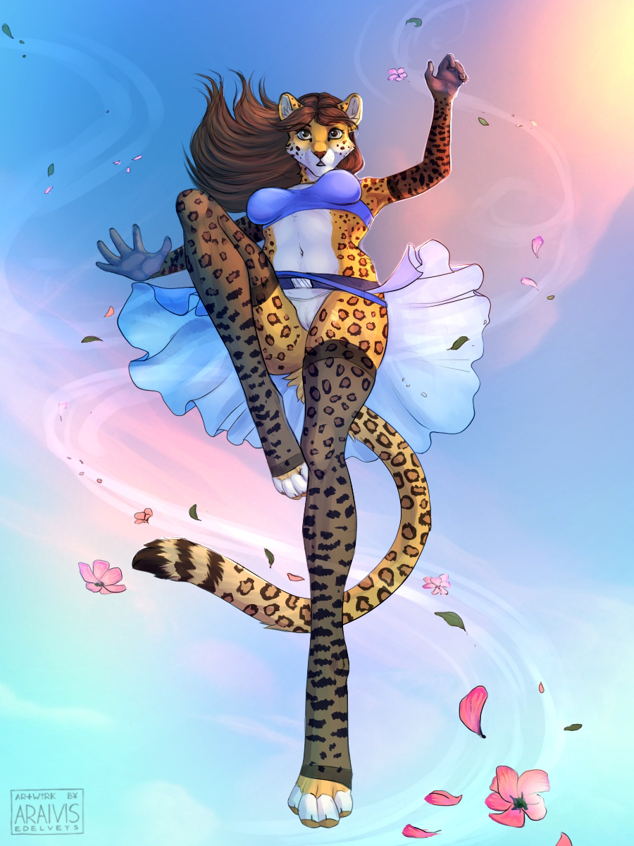 4_toes 5_fingers anthro araivis-edelveys brown_hair cheetah clothed clothing digitigrade feline female fur hair mammal midriff navel solo spots spotted_fur toes