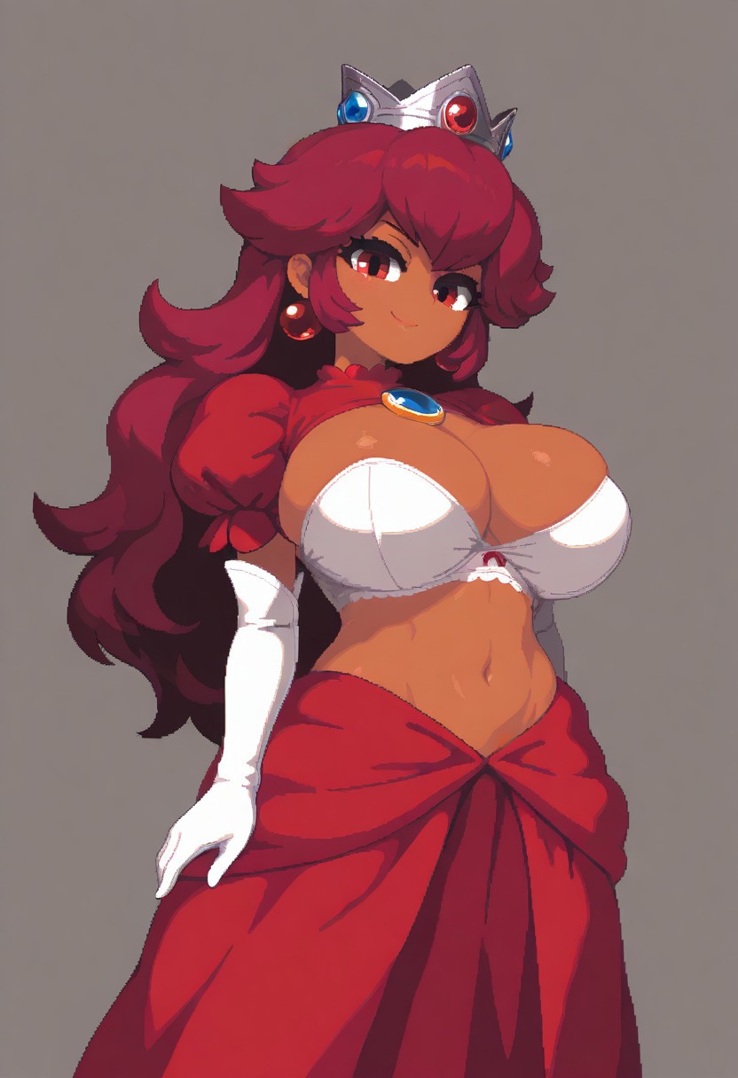 ai_generated alternate_costume alternate_skin_color civitai cleavage dark_skin dark_skinned_female fire_peach huge_breasts large_breasts mario_(series) mario_is_missing maroon_hair navel power_up princess_peach red_eyes self_upload