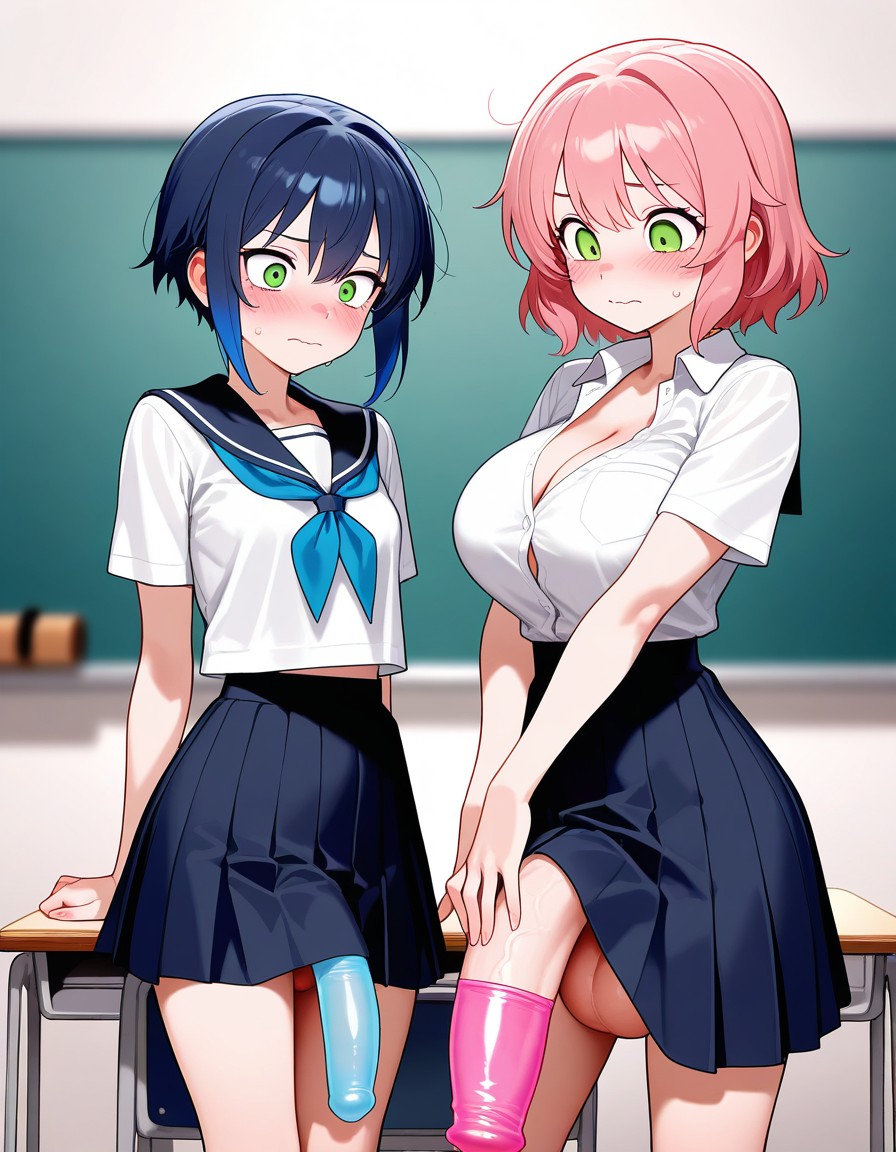 2girls ai_generated big_balls big_breasts blue_hair blush bursting_breasts classroom condom_on_penis embarrassed flaccid futanari green_eyes hands_on_penis huge_cock penis_awe petite pink_hair school_uniform schoolgirl short_hair sitting size_difference skirt small_breasts staring_at_penis thick_thighs veiny_penis zynai