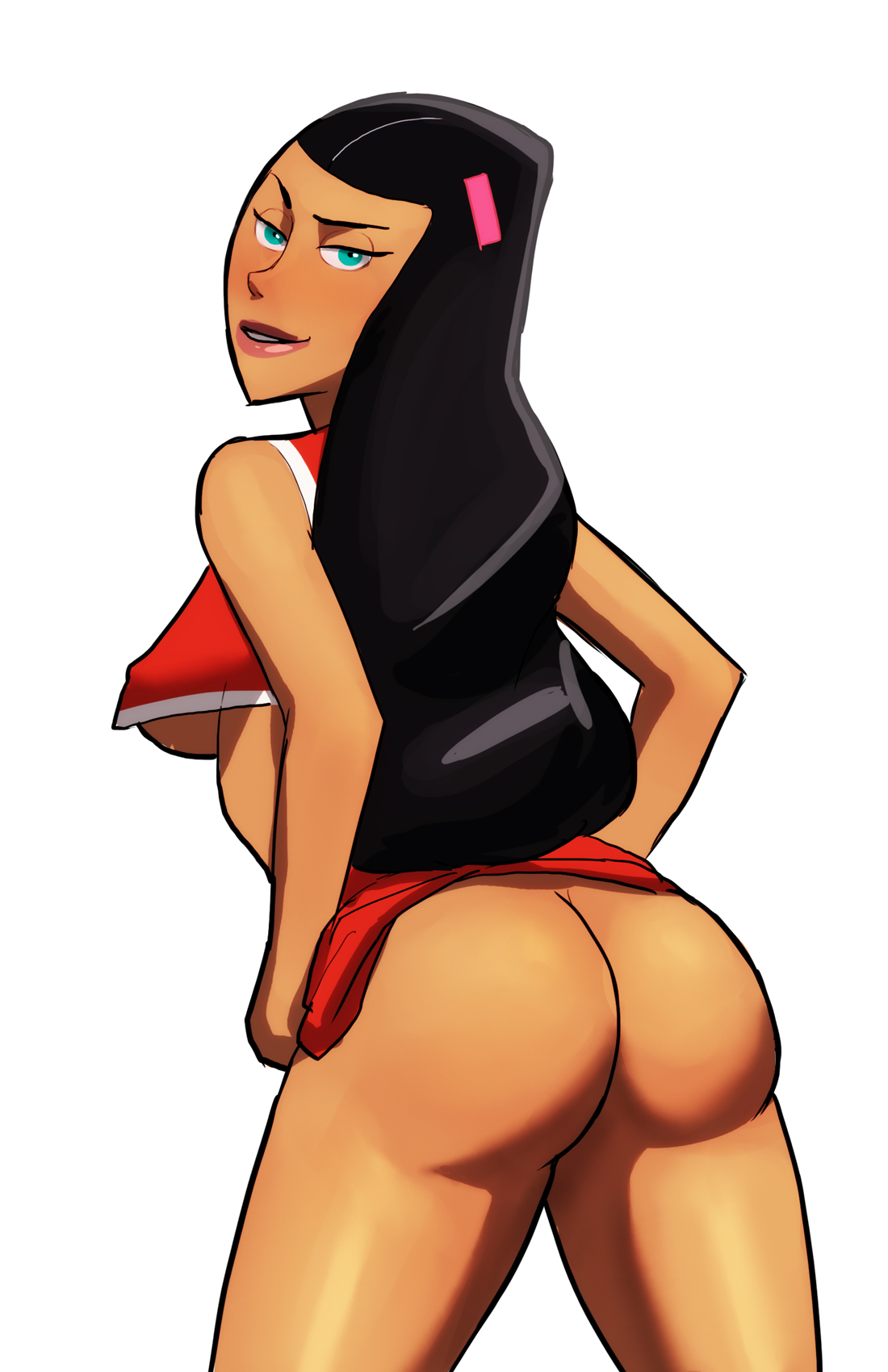 1girls, ass, ass crack, big ass, black hair, blush, breasts, brown skin, butt crack, cheerleader, cheerleader uniform, clothes, clothing, covered breasts, danny phantom, dark hair, dark skin, dark-skinned female, female, female only, flashing, hairclip, high resolution, hips, human, human only, large ass, large breasts, legs, long hair, mooning, naavs, nickelodeon, nipple bulge, nipples, no panties, no underwear, nudity, paulina sanchez, sideboob, skirt, skirt lift, smile, solo, teal eyes, thighs, underboob, uniform, white background, wide hips