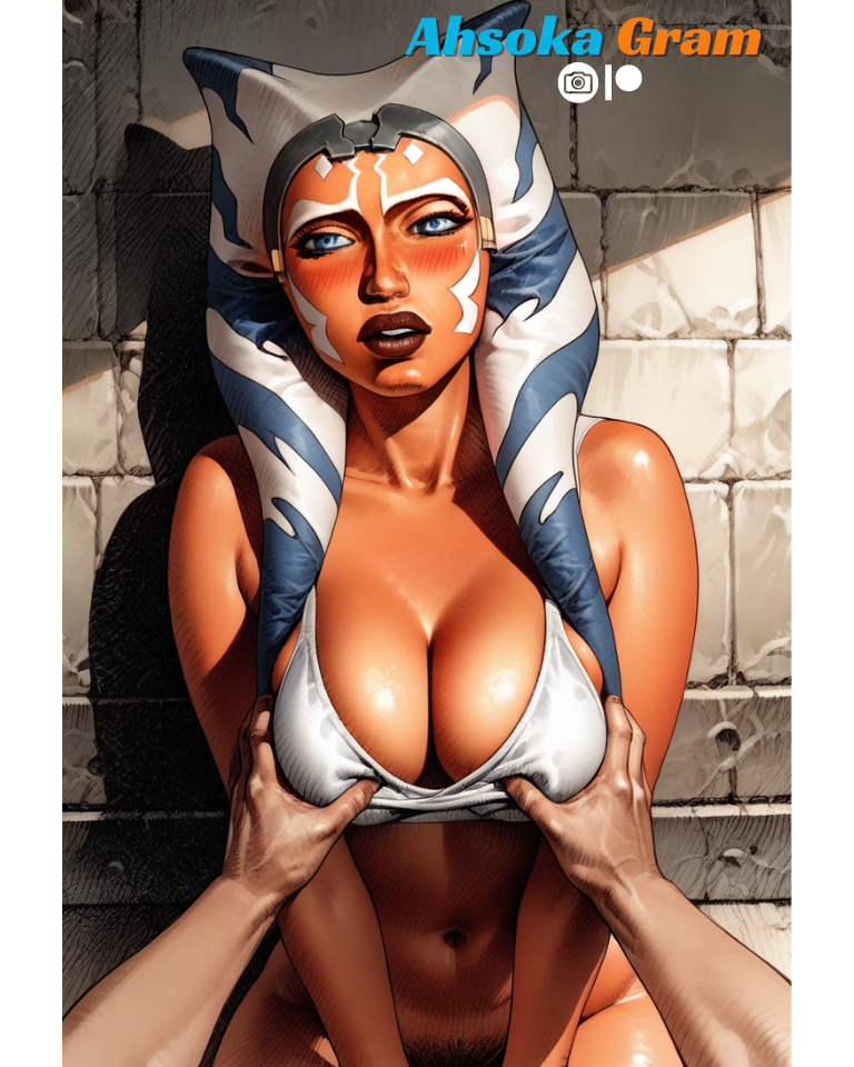 1female ahsoka_gram ahsoka_tano ai_generated blue_eyes blush boob_grab boob_squish orange_body orange_skin solo squeeze star_wars star_wars:_the_clone_wars togruta