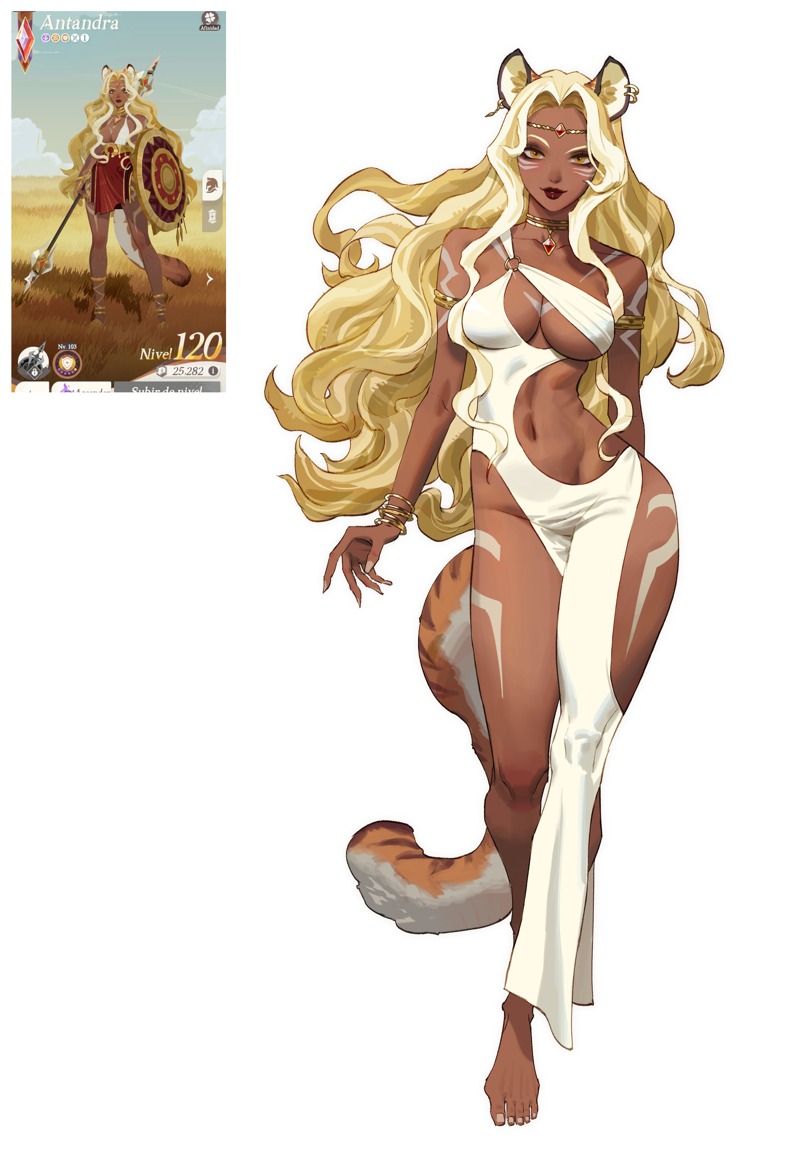 afk (series), afk journey, amazon, antandra, blonde hair, breasts, dark-skinned female, feet, female, looking at viewer, navel, tail, toes, wonbin lee