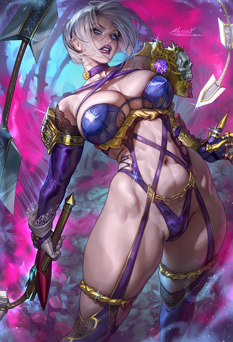 1girls 2025 aleriia_v big_breasts blue_eyes female female_only isabella_valentine lerapi looking_at_viewer narrowed_eyes purple_lipstick skimpy skimpy_clothes solo soul_calibur sword thick_thighs whip_sword white_hair