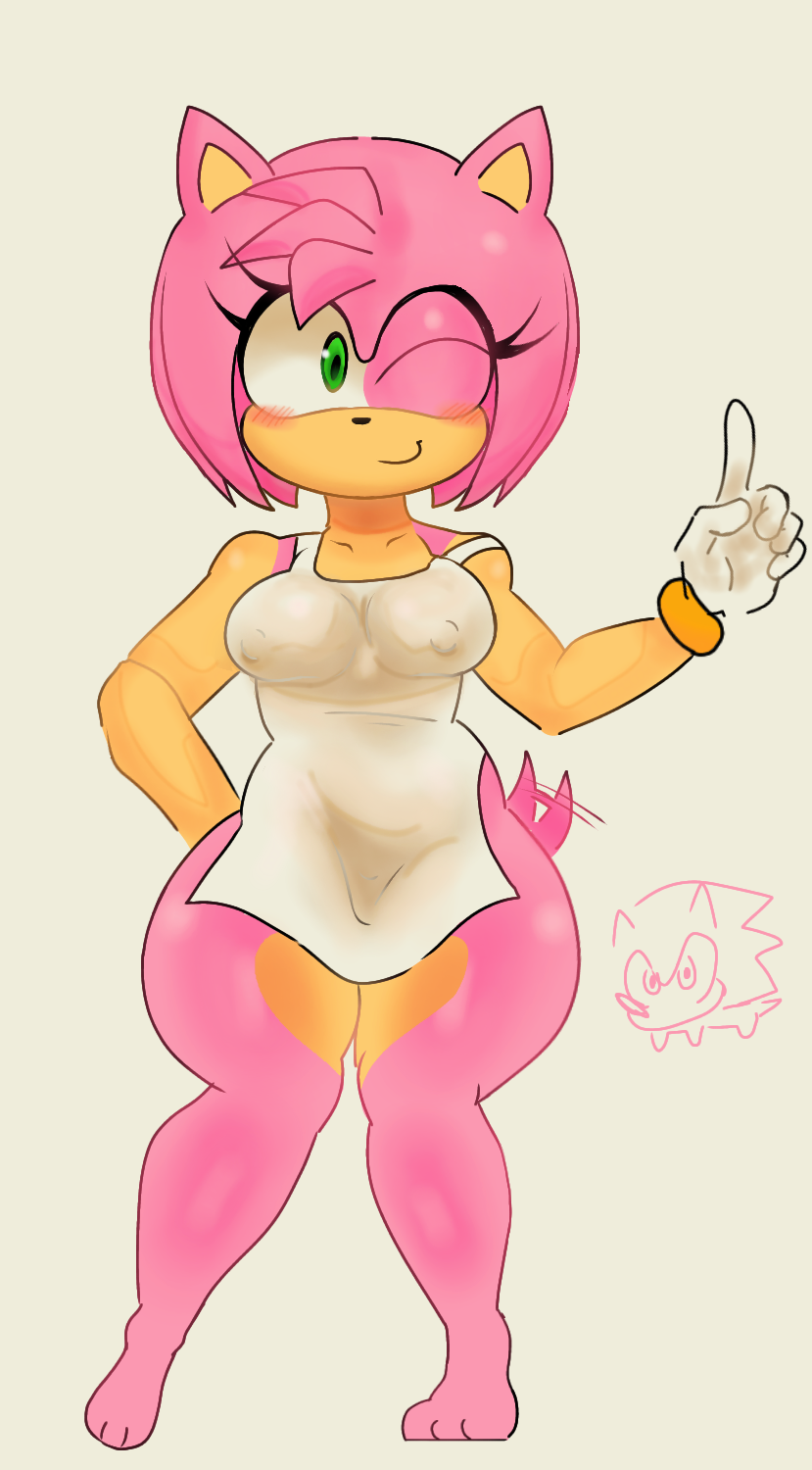 amy_rose apron apron_only big_thighs furry_female sonic_(series) sonic_the_hedgehog tagme tailwag winking_at_viewer