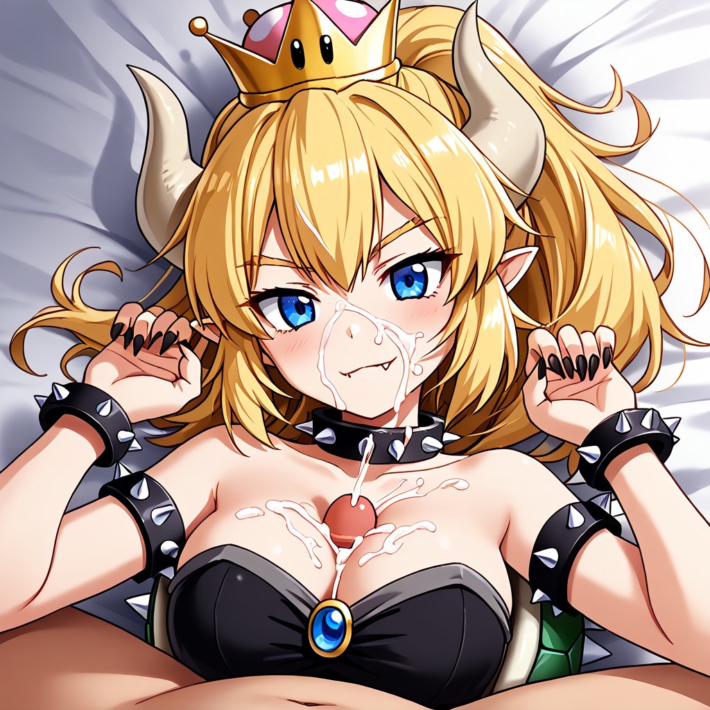 1boy 1girls ai_generated black_dress blonde_female blonde_hair blue_eyes bowsette breasts civitai crown cum cum_on_body cum_on_breasts cum_on_face cumshot female lying_on_bed mario_(series) nintendo paizuri penis pointy_ears pointy_teeth shell spiked_bracelet spiked_collar spiked_shell tagme