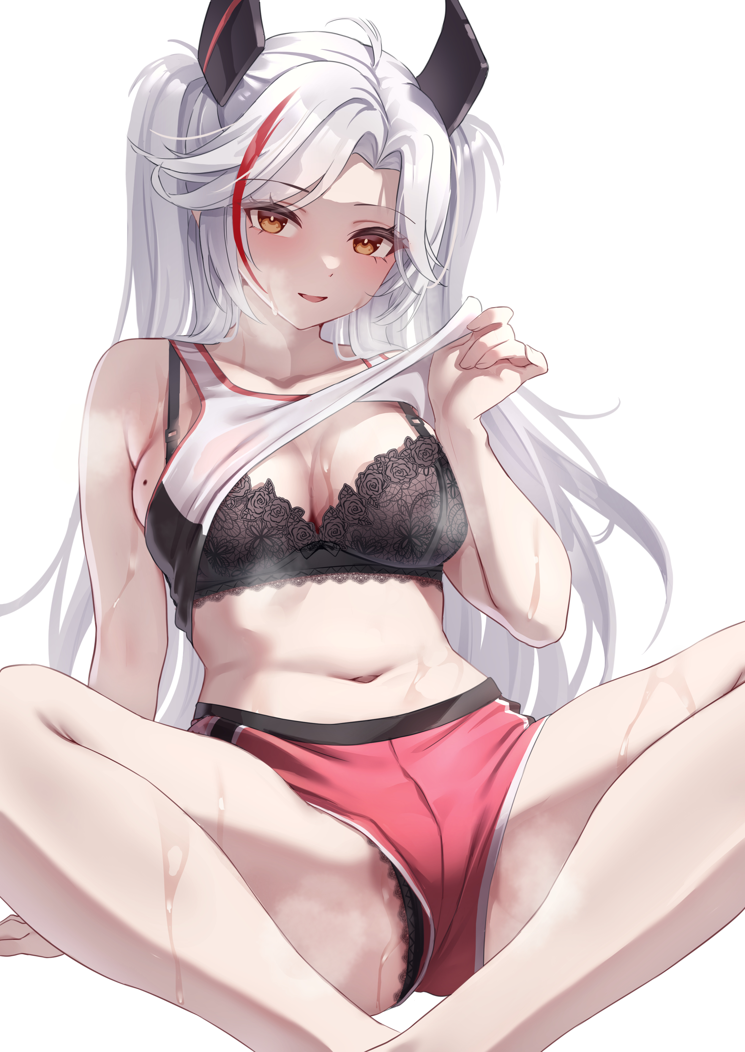 antenna hair, azur lane, bangs, bare shoulders, black bra, black panties, blush, bra, breasts, classic (zildjian33), cleavage, clothes lift, collarbone, eyebrows visible through hair, feet out of frame, female, lace, lace trim, lace-trimmed bra, lace-trimmed panties, large breasts, lifted by self, long hair, looking at viewer, mole, mole on breast, multicolored hair, navel, open mouth, orange eyes, panties, panty peek, parted bangs, parted lips, prinz eugen (azur lane), prinz eugen (brilliant touchdown) (azur lane), red hair, red shorts, shirt lift, short shorts, shorts, simple background, sitting, smile, solo, streaked hair, sweat, tank top, thighs, two side up, two-tone hair, underwear, very long hair, white background, white hair