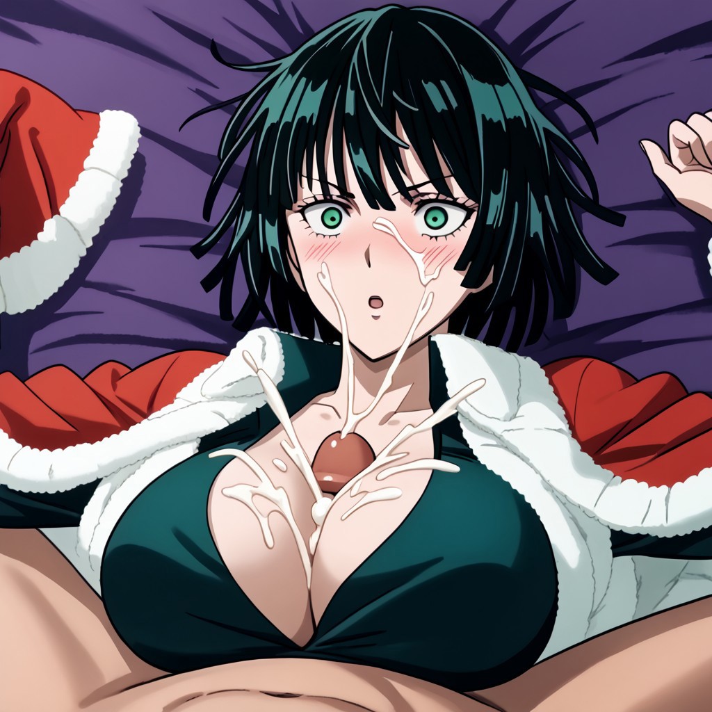 ai_generated black_hair blush blush christmas christmas_outfit civitai cum cum_on_breasts cum_on_face cumshot dress fubuki_(one-punch_man) green_eyes lying_on_bed one-punch_man paizuri tagme