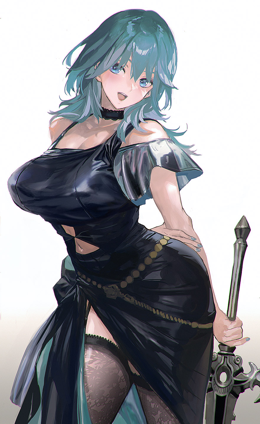 1girls aqua_hair arm_behind_back black_dress black_thighhighs blue_eyes breasts byleth_(fire_emblem) byleth_(fire_emblem)_(female) cleavage clothing_cutout cowboy_shot dress fire_emblem fire_emblem:_three_houses highres holding holding_sword holding_weapon large_breasts maeshima_shigeki medium_hair navel navel_cutout open_mouth simple_background solo sword teeth thighhighs upper_teeth_only weapon white_background