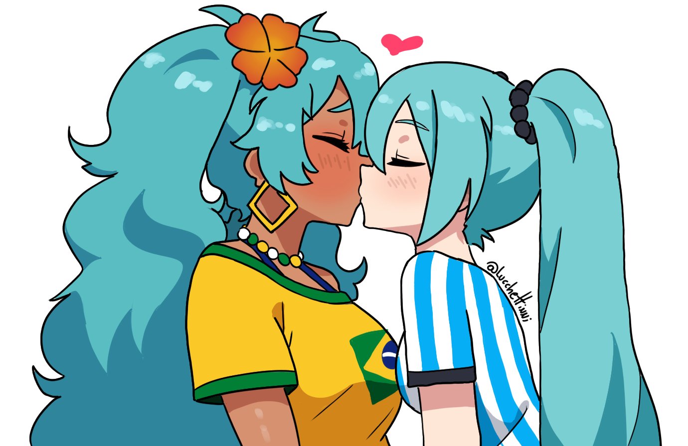 2025 2girls argentinian argentinian_miku artist_signature bead_choker beads black_trim blue_hair blue_hair_female blush blush_lines blushing_female brazilian brazilian_female brazilian_flag brazilian_miku breast_size_difference closed_eyes clothed clothed_female duo_female duo_focus earrings females females_focus females_only flag flower flower_in_hair fluffy_hair gold_(metal) gold_earrings gold_jewelry green_trim hair_ornament hatsune_miku heart heart_around_head hearts_around_head highres january_(month) jewelry kissing latin_american_hatsune_miku_(meme) lesbian_kiss long_hair long_hair_female lucche necklace pale-skinned_female pale_skin pearl_necklace pink_heart red_flower selfcest shirt striped_shirt tan tan-skinned_female tan_body tan_skin tan_skinned_female tanned tanned_skin triangle_earrings twitter_link vocaloid white_background white_trim yellow_shirt yuri