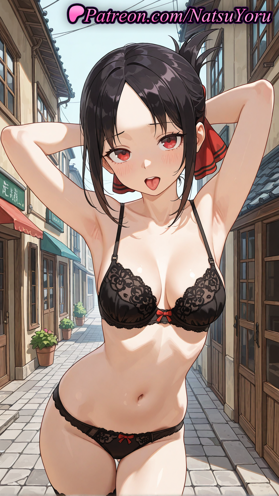 1girls ai_generated alley anime anime_style armpit armpits arms_behind_head arms_up asian ass_visible_through_thighs bangs bare_arms bare_shoulders black_bra black_hair black_panties black_thighhighs blush bow bow_bra bow_panties bra breasts building bust busty cleavage collarbone cowboy_shot day female female_focus female_only female_solo folded_ponytail hair_ribbon hair_ribbons hentai kaguya-sama_wa_kokurasetai_~tensai-tachi_no_renai_zunousen~ lace-trimmed_bra lace_trim lingerie looking_at_viewer medium_breasts natsuyoru navel open_mouth outdoors panties pantsu parted_bangs plant potted_plant red_eyes red_ribbon ribbon road shinomiya_kaguya short_hair sidelocks skindentation solo solo_female standing stomach storefront street teeth thigh_gap thighhighs thighs tongue tongue_out underwear underwear_only upper_teeth_only voluptuous voluptuous_female