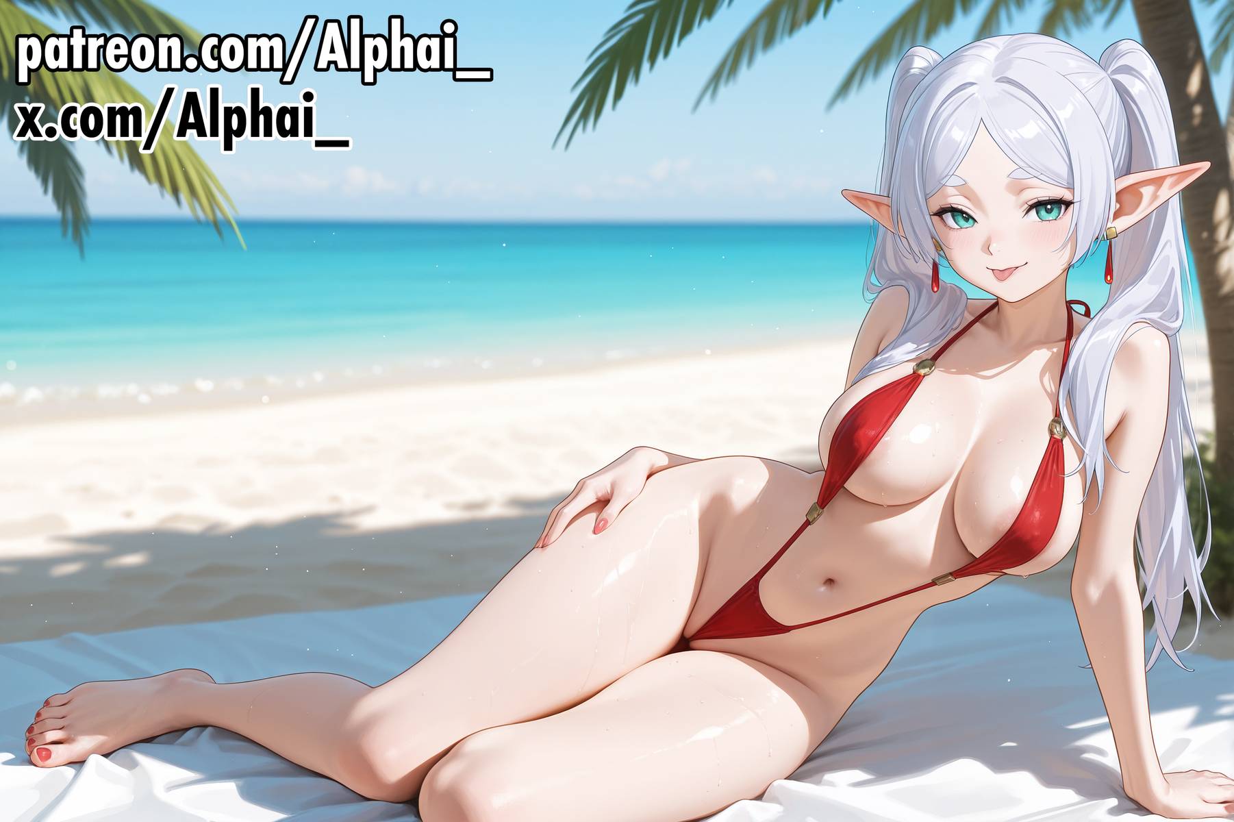 1girls, 2025, 2026, absurd res, absurdres, adult female, ai assisted, ai generated, alphai, anime, anime style, arm support, ass, ass bigger than head, barefoot, beach, beach towel, bikini, blush, blush lines, breasts, cinematic lighting, clothing aside, colorful background, curvy, curvy female, curvy figure, dangle earrings, day, depth of field, detailed background, detailed hair, detailed skin, dramatic shadows, earrings, elf, feet, female, female only, flat chest, frieren, frieren beyond journey's end, full body, green eyes, hand on own thigh, high quality, high resolution, highres, jewelry, large breasts, legs, long hair, looking at viewer, nail polish, naughty face, navel, nipples, outdoors, palm tree, parted bangs, particles, patreon, patreon exclusive, patreon url, patreon username, petite build, pointy ears, pussy, raised eyebrows, red nails, seductive eyes, semirealistic, sexy, sexy body, shiny skin, sitting, skin, skin gloss, skindentation, sky, slingshot swimsuit, smile, solo, sousou no frieren, swimsuit, thick thighs, thighs, toenail polish, toenails, toes, tongue, tongue out, towel, tree, twintails, volumetric lighting, white hair, yokozuwari
