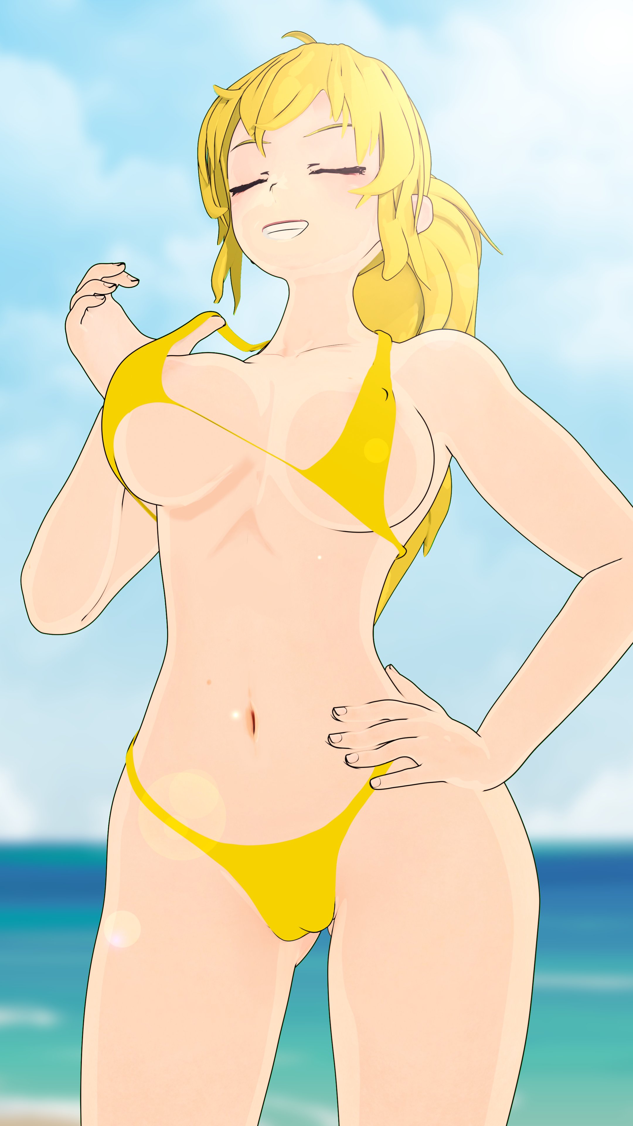 1girls, 3d, alternate hairstyle, artist request, beach, big breasts, bikini, bikini lift, bikini top lift, breasts, busty, cleavage, closed eyes, confident, female, female only, grin, hand on hip, hi res, large breasts, lifted by self, long hair, navel, ocean, ponytail, pose, posing, rwby, solo, teasing, thong bikini, voluptuous, water, yang xiao long, yellow bikini