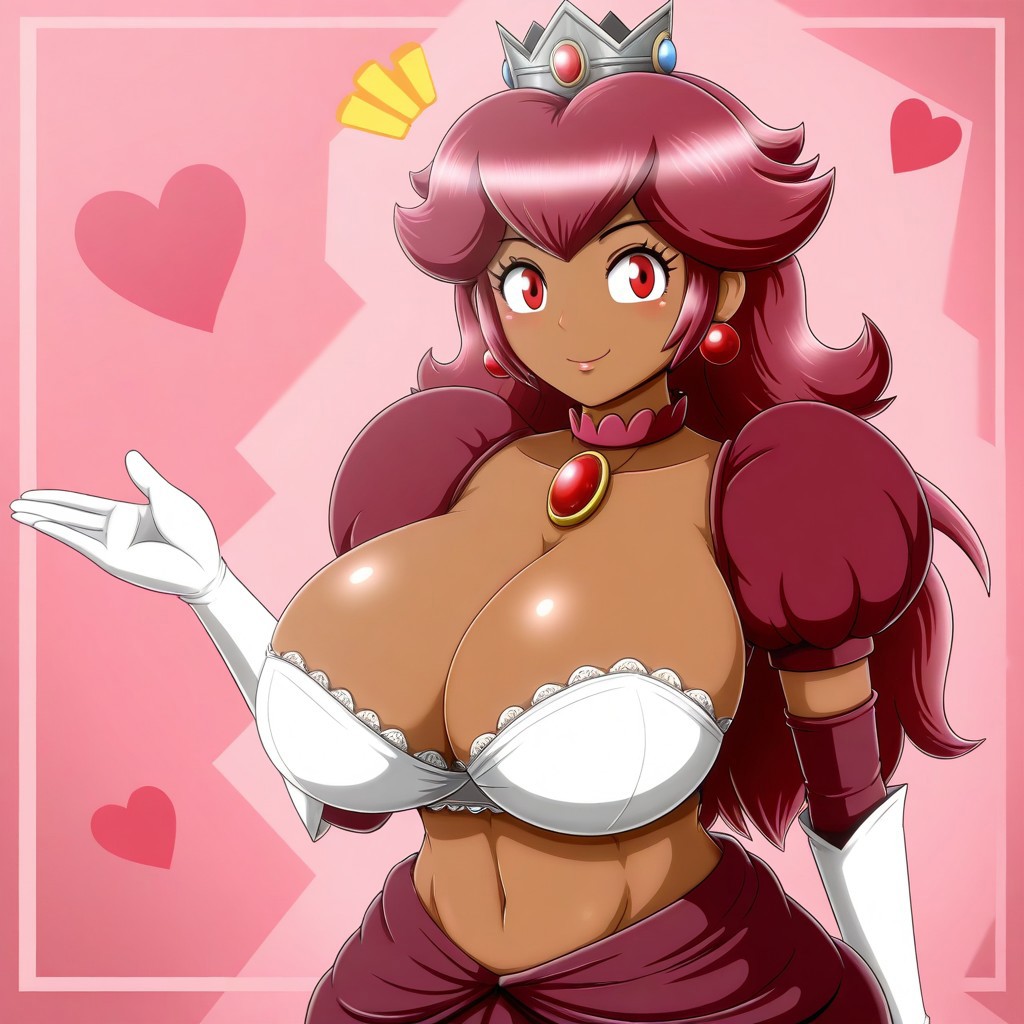 ai_generated alternate_costume alternate_skin_color civitai cleavage dark_skin dark_skinned_female fire_peach huge_breasts large_breasts mario_(series) mario_is_missing maroon_hair navel power_up princess_peach red_eyes self_upload