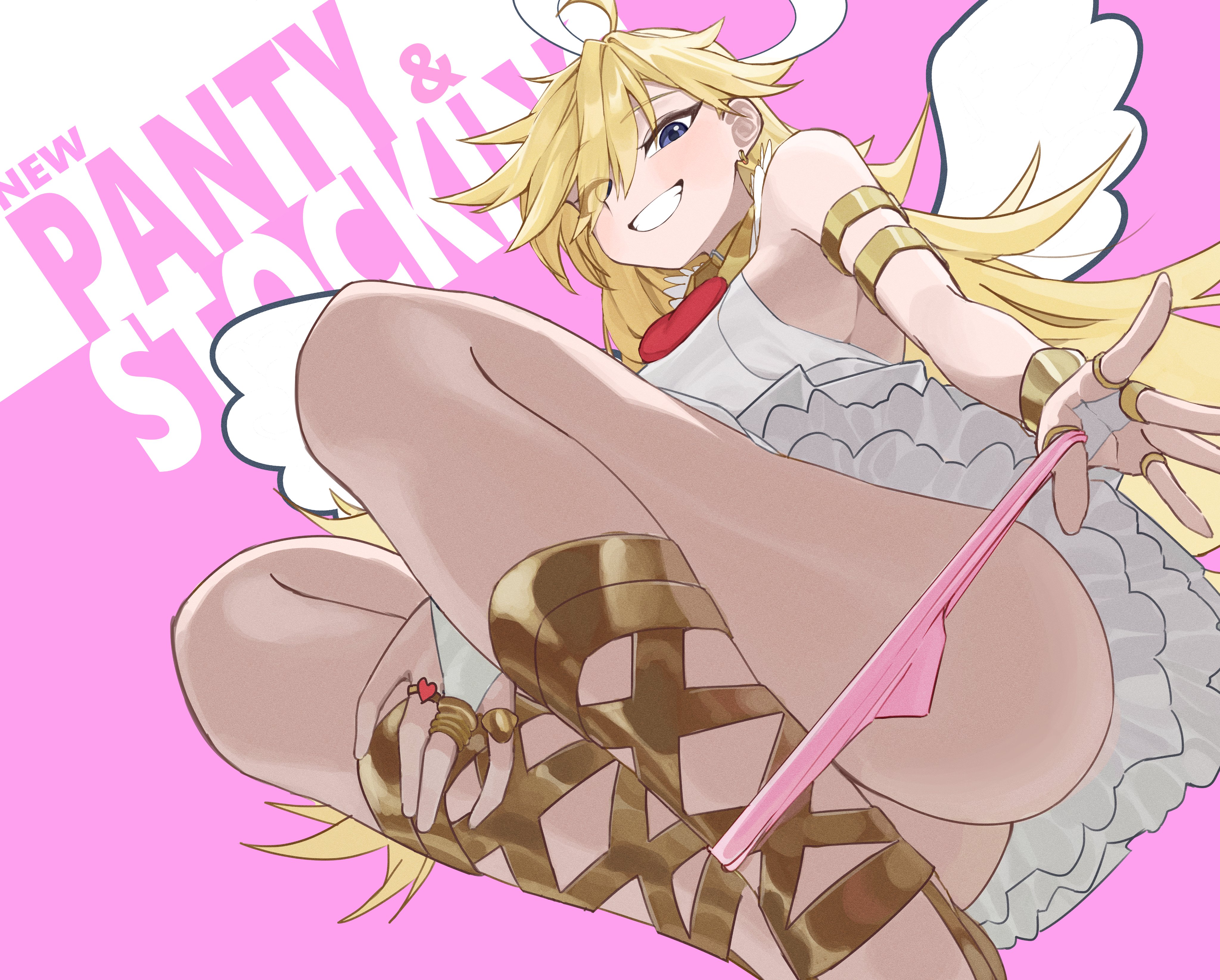 1girls, angel, angel wings, blonde hair, blue eyes, female, gangjeong 2, grinning, halo, light skin, light-skinned female, looking down at viewer, panties, panty & stocking with garterbelt, panty anarchy, removing panties, sandals, squatting