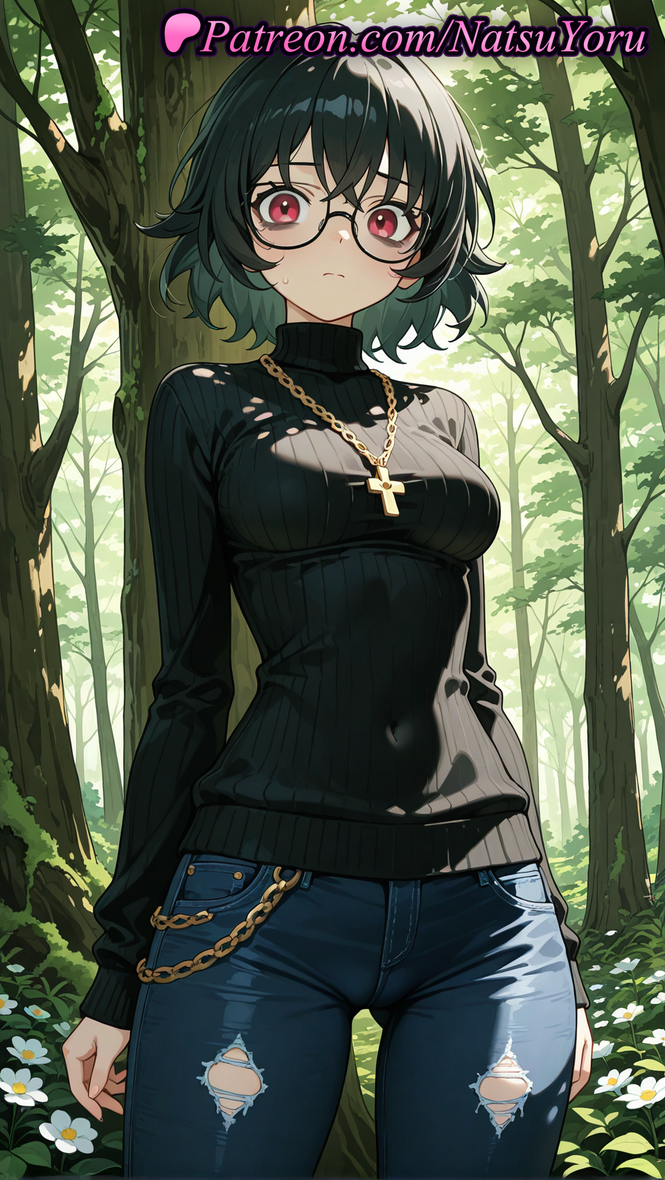 1girls ai_generated anime anime_style arms_at_sides ass_visible_through_thighs bangs black-framed_eyewear black_hair black_sweater blue_pants blush breasts bust busty chain_necklace chains closed_mouth covered_navel cowboy_shot cross cross_necklace day denim female female_focus female_only flower flowers forest glasses gold_chain hentai hunter_x_hunter inverted_cross jeans jewelry long_sleeves looking_at_viewer medium_breasts megane multi-colored_hair multicolored_hair natsuyoru nature necklace outdoors pants red_eyes ribbed_sweater round_eyewear shizuku_murasaki short_hair solo solo_female standing sweatdrop sweater torn_clothes torn_pants tree turtleneck turtleneck_sweater voluptuous voluptuous_female white_flower