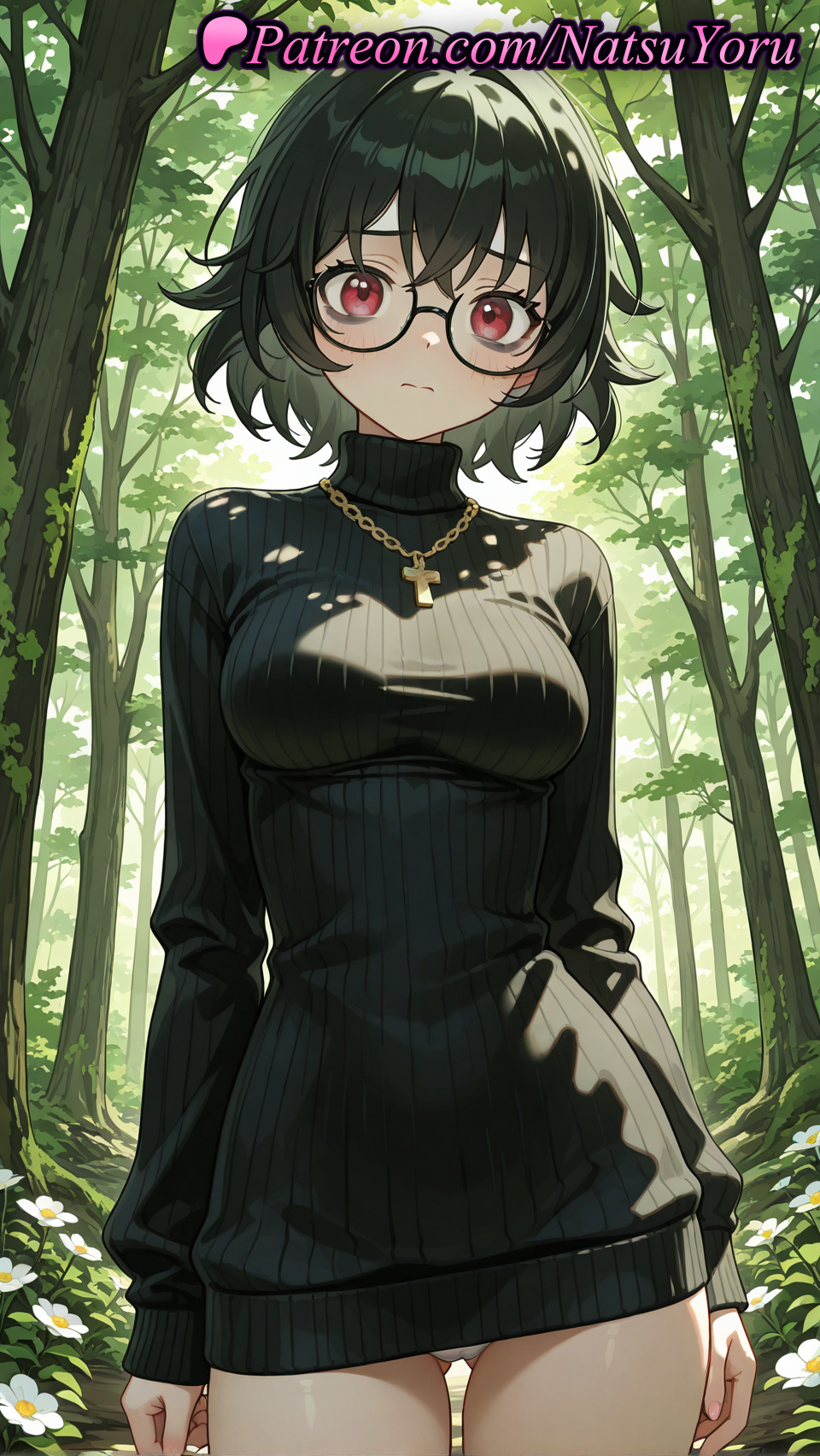 1girls ai_generated anime anime_style arms_at_sides ass_visible_through_thighs bangs black-framed_eyewear black_hair black_sweater blush breasts bust busty closed_mouth cowboy_shot cross cross_necklace day dress female female_focus female_only flower forest glasses gold_chain gold_necklace hentai hunter_x_hunter inverted_cross jewelry large_breasts long_sleeves looking_at_viewer medium_breasts megane natsuyoru nature necklace no_pants outdoors panties pantsu pantyshot plant red_eyes ribbed_sweater round_eyewear shizuku_murasaki short_hair solo solo_female standing sunlight sweater sweater_dress thigh_gap thighhighs thighs tree turtleneck turtleneck_dress turtleneck_sweater underwear voluptuous voluptuous_female white_flower white_panties