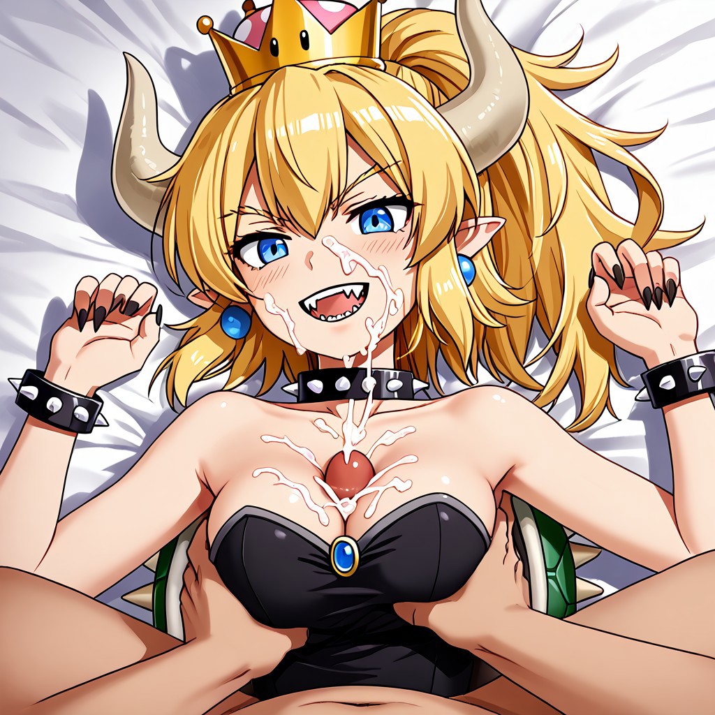 1boy 1girls ai_generated black_dress blonde_female blonde_hair blue_eyes bowsette breasts civitai crown cum cum_on_body cum_on_breasts cum_on_face cumshot female hand_on_breast lying_on_bed mario_(series) nintendo paizuri penis pointy_ears pointy_teeth shell spiked_bracelet spiked_collar spiked_shell tagme