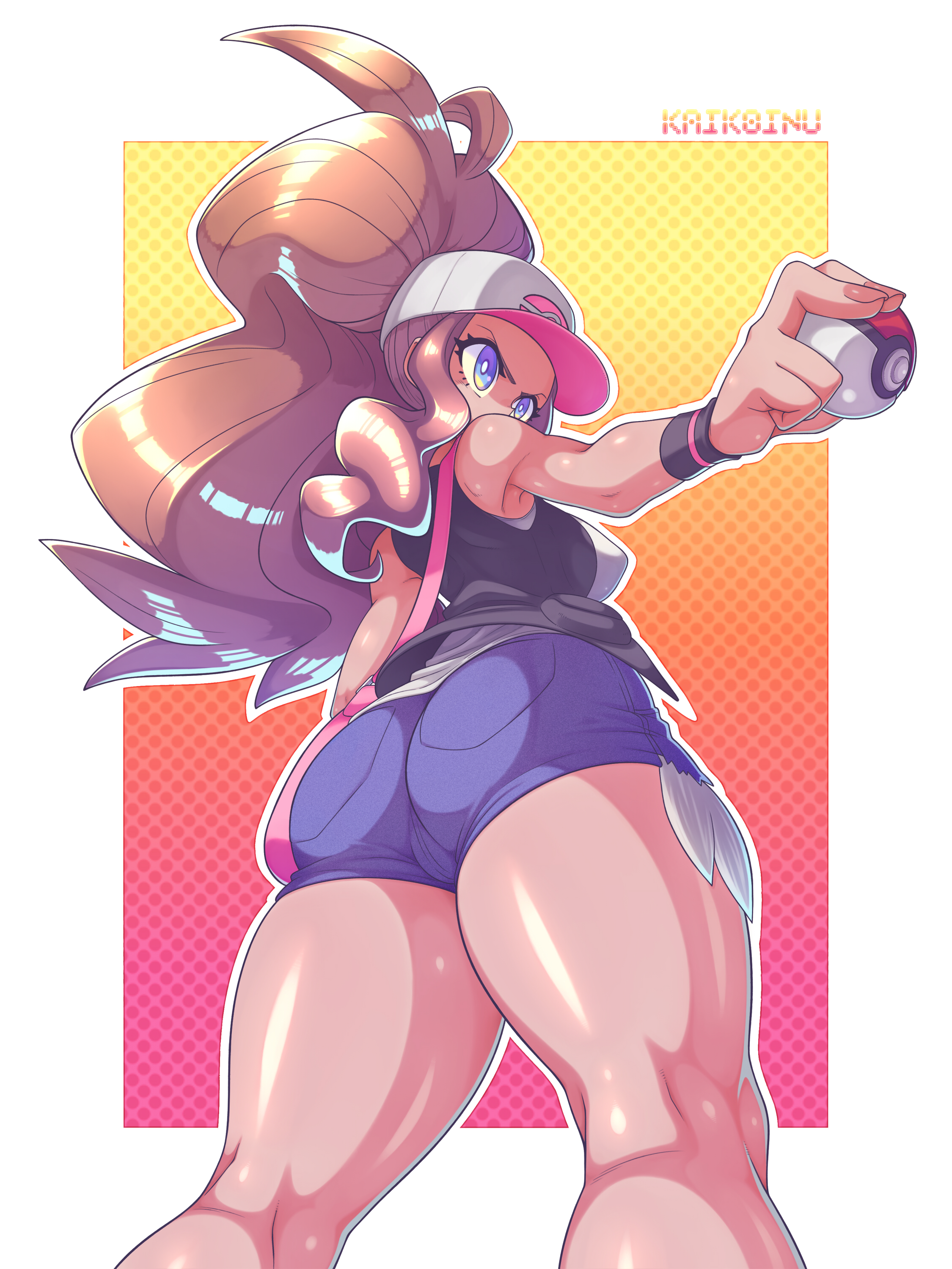 1girls, aged up, alternate breast size, angry, ass, bag, big ass, blue eyes, breasts, brown hair, female, hat, high resolution, hilda (pokemon), huge ass, huge thighs, human, kaikoinu, large breasts, long hair, looking away, nintendo, poke ball, pokemon, pokemon bw, ponytail, pose, shiny hair, shiny skin, shirt, shorts, solo, standing, sweatband, tan skin, tan-skinned female, thick ass, thick thighs, thigh gap, thighs, tight clothing, tight shorts, vest, white border, wide hips