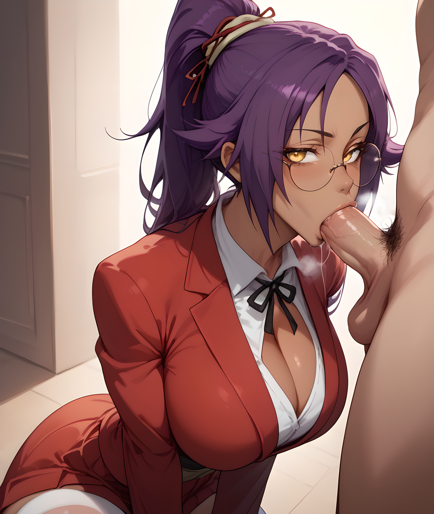 ai_generated big_penis bleach blowjob blowjob_face cleavage dark-skinned_female eogard_orc glasses heavy_breathing looking_at_viewer on_knees pubic_hair purple_hair red_clothing round_glasses saliva saliva_on_penis saliva_trail school_uniform self_upload shihouin_yoruichi sloppy_blowjob stable_diffusion yellow_eyes