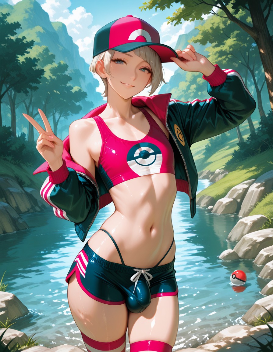 ai_generated anime boy cap crossdressing femboy gay ladyboy male original_character penis_bulge pokeball pokemon sexy shemale short_hair shorts stockings thong v