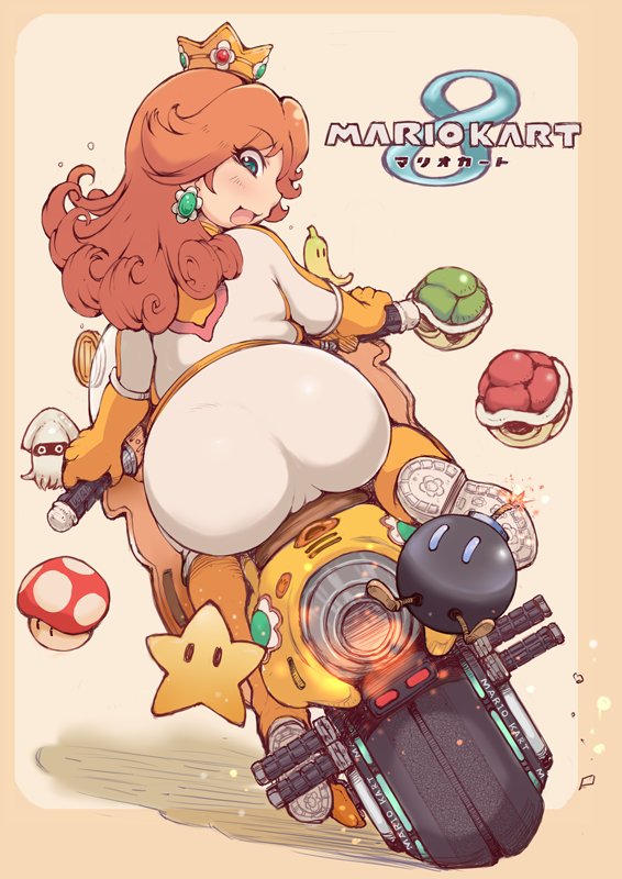 1girls ass big_ass big_breasts blue_eyes bodysuit brown_hair fat_ass female female_only huge_ass ibukichi large_breasts legs looking_at_viewer mario_(series) mario_kart nintendo one_eye_closed open_mouth orange_shorts outstretched_arm princess princess_daisy short_hair shorts solo thick_thighs thighs