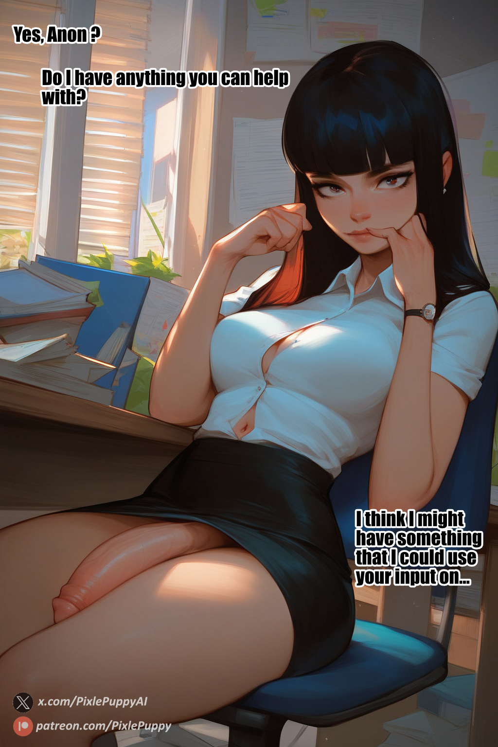 ai_generated black_hair blouse desk dialogue english_text flaccid_penis fringe fringe_hair futa_focus futa_only futanari hime_cut human humanoid_penis large_penis looking_at_viewer medium_breasts medium_hair navel neutral_expression office office_chair office_clothing office_lady pale-skinned_futanari pale_skin pencil_skirt pixlepuppy red_eyes sitting_on_chair text watermark