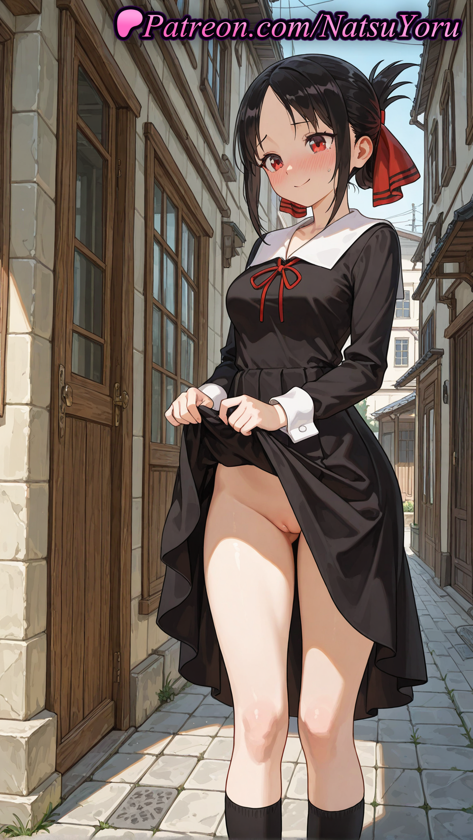 1girls ai_generated alley anime anime_style ass_visible_through_thighs bangs black_dress black_hair black_socks blue_sky blush breasts building bust busty cleft_of_venus closed_mouth clothes_lift collarbone day dress dress_lift exhibitionism feet_out_of_frame female female_focus female_only female_solo flashing folded_ponytail groin hair_ribbon hair_ribbons hentai kaguya-sama_wa_kokurasetai_~tensai-tachi_no_renai_zunousen~ kneehighs labia_majora lifted_by_self long_sleeves looking_at_viewer medium_breasts natsuyoru neck_ribbon no_panties nopan nose_blush outdoors paipan parted_bangs public_indecency pussy red_eyes red_ribbon ribbon school_uniform shinomiya_kaguya short_hair shuuchiin_academy_school_uniform sidelocks sky smile socks solo solo_female standing thighs uncensored vagina voluptuous voluptuous_female