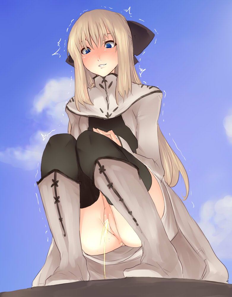 /\/\/\ anus ass bangs black_legwear blonde_hair blue_eyes blush boots clothing cloud cyril day female full_body goban grey_boots long_hair long_sleeves no_panties nose_blush parted_lips peeing pussy shining_(series) shining_force_exa sky smile solo squatting stockings thighhighs thighhighs_under_boots trembling