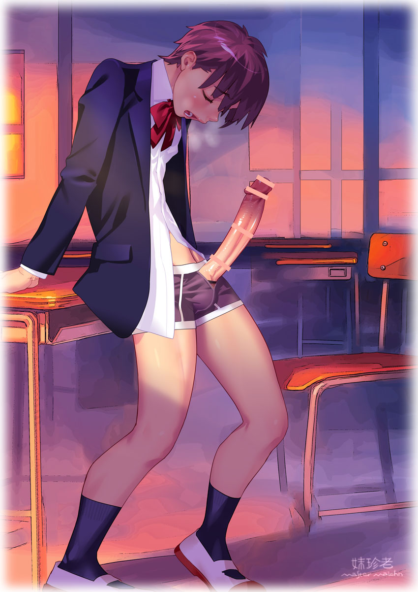 1boy, brown hair, censor bar, censored, censored genitalia, censored penis, classroom, closed eyes, desk, erection, full body, large penis, male, male only, master maichin, penis, school, school uniform, solo, student, tagme, teeth, underwear, undressing, young