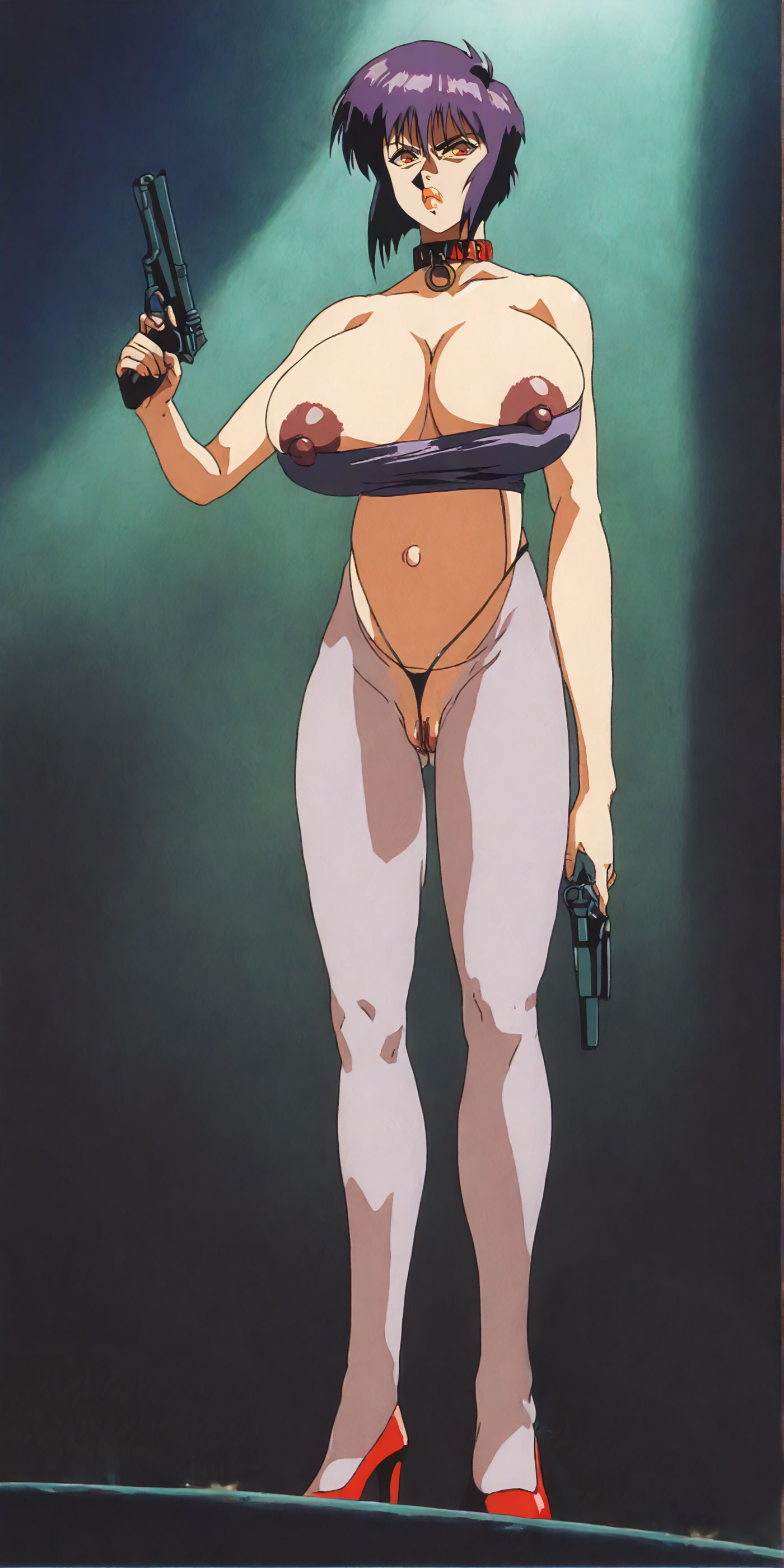 ai_generated angry_face ghost_in_the_shell glaring gun high_heels huge_breasts kusanagi_motoko pregnant prostitute prostitution