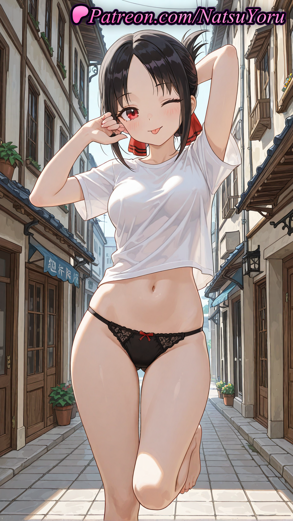 1girls :p ;p ai_generated anime anime_style arm_behind_head arm_up arms_up asian ass_visible_through_thighs bangs bare_legs barefoot black_hair black_panties blush bow bow_panties breasts brown_hair building bust busty collarbone crop_top day door feet female female_focus female_only folded_ponytail foot_fetish foot_out_of_frame groin hair_ribbon hair_ribbons hairbow hentai indoors kaguya-sama_wa_kokurasetai_~tensai-tachi_no_renai_zunousen~ lace_trim large_breasts leg_up legs long_hair looking_at_viewer medium_breasts midriff natsuyoru navel no_pants one_eye_closed outdoors panties pantsu parted_bangs plant potted_plant red_eyes red_ribbon ribbon see-through see-through_shirt see-through_silhouette shinomiya_kaguya shirt short_hair short_sleeves sidelocks skindentation sky smile solo solo_female standing standing_on_one_leg stomach street t-shirt thigh_gap thighs toenails toes tongue tongue_out underwear voluptuous voluptuous_female white_shirt