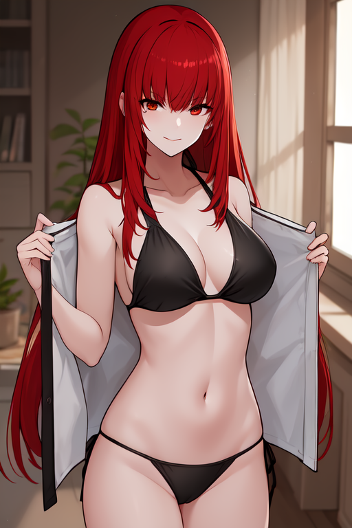 ai_generated bikini black_bikini female female_only hair_between_eyes large_breasts long_hair navel punishing:_gray_raven red_eyes red_hair smile thighs undressing vera_(punishing:_gray_raven)