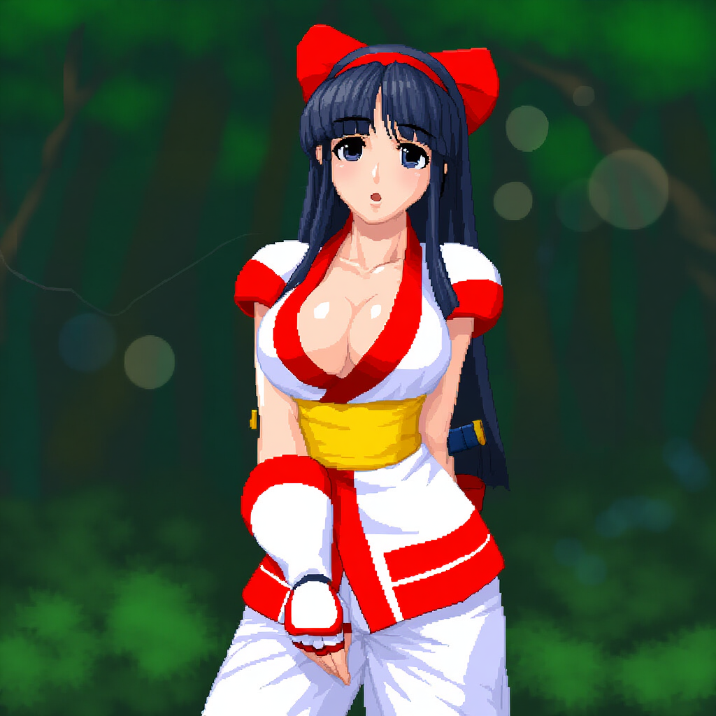 1girls ainu_clothes arm_behind_back big_breasts black_hair blue_eyes breasts busty cleavage female female_only fingerless_gloves hair_ribbon hi_res king_of_fighters large_breasts legs long_hair looking_at_viewer nakoruru open_mouth pants pixel_art pose posing samurai_shodown snk solo thighs voluptuous weapon