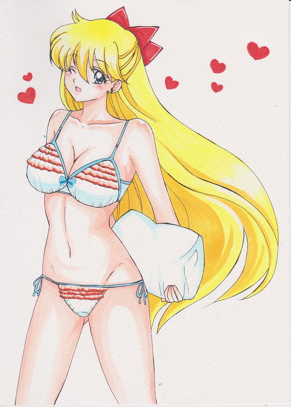 1girls alluring bikini bishoujo_senshi_sailor_moon blonde_hair blue_eyes earrings female female_focus hair_ribbon heart jewelry large_breasts long_hair marker_(medium) minako_aino one_eye_closed panties pillow rascal_(n119) ribbon side-tie_panties simple_background solo swimsuit traditional_media underwear very_long_hair