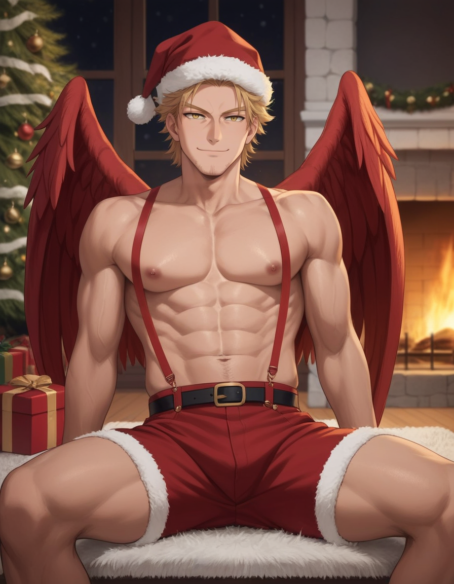 1boy ai_generated belt boku_no_hero_academia bsky_link christmas christmas_clothing christmas_decorations christmas_hat christmas_outfit christmas_present christmas_tree dvxxxgrai facial_hair fireplace gay hawks_(my_hero_academia) keigo_takami male male_only mature_male my_hero_academia pixai pony_diffusion_xl red_shorts red_wings santa_hat seated shorts solo solo_male stubble suspenders tagme takami_keigo toned toned_body toned_male topless topless_male twitter_link wings yaoi yellow_eyes yellow_hair