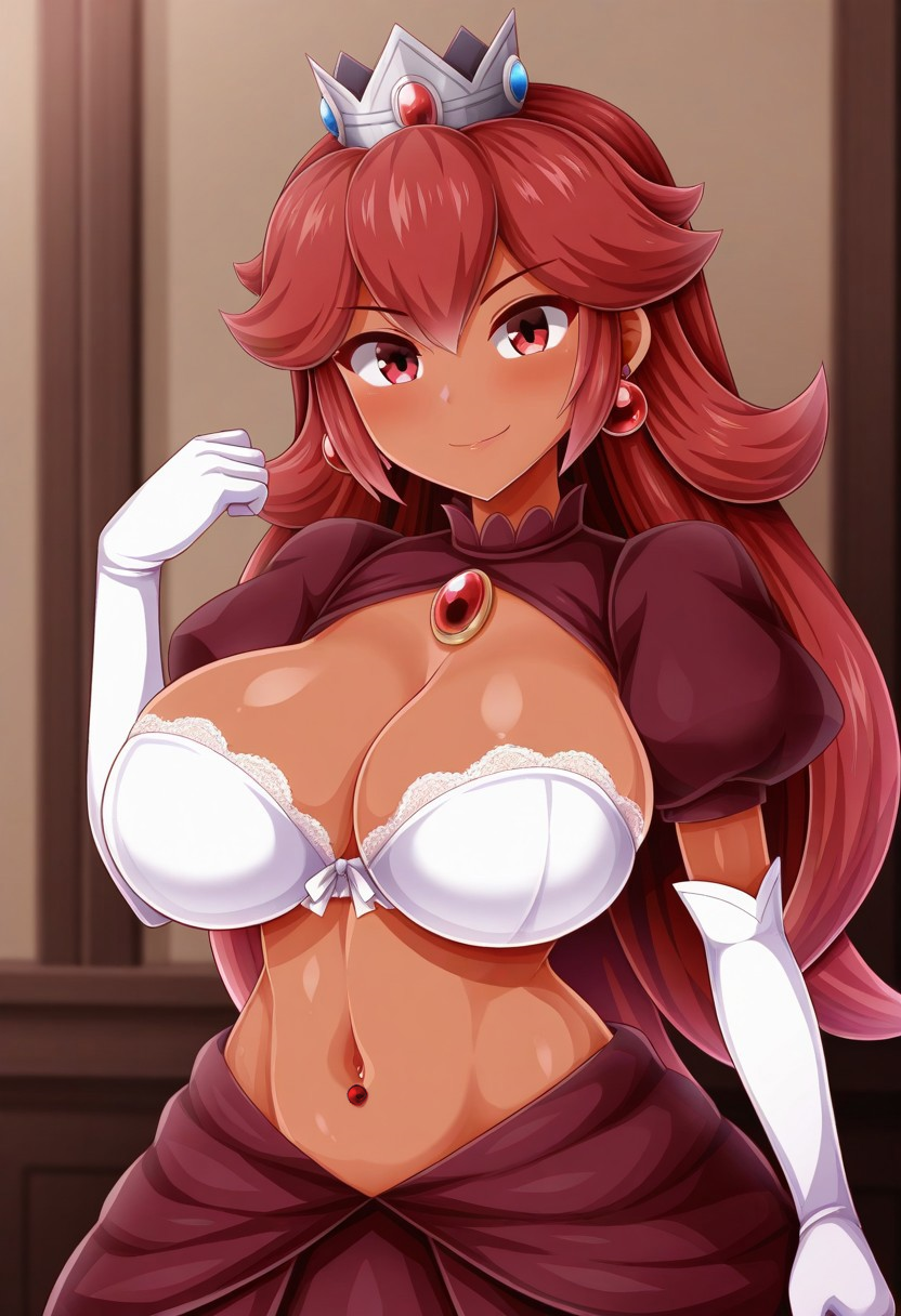 ai_generated alternate_costume alternate_skin_color civitai cleavage dark_skin dark_skinned_female fire_peach huge_breasts large_breasts mario_(series) mario_is_missing maroon_hair navel power_up princess_peach red_eyes self_upload