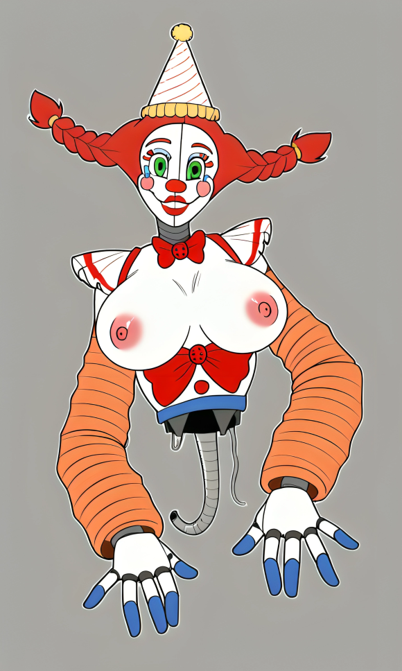 5_fingers animatronic animatronic_female arm_sleeves bow bowtie clown clown_girl clown_nose five_nights_at_freddy's green_eyes jackie_(fnaf) large_breasts legless no_legs orange_sleeves party_hat pixai red_bow red_bowtie red_button red_hair robot robot_girl robot_humanoid ruffles smile solo the_mimic_(fnaf) twintails white_skin