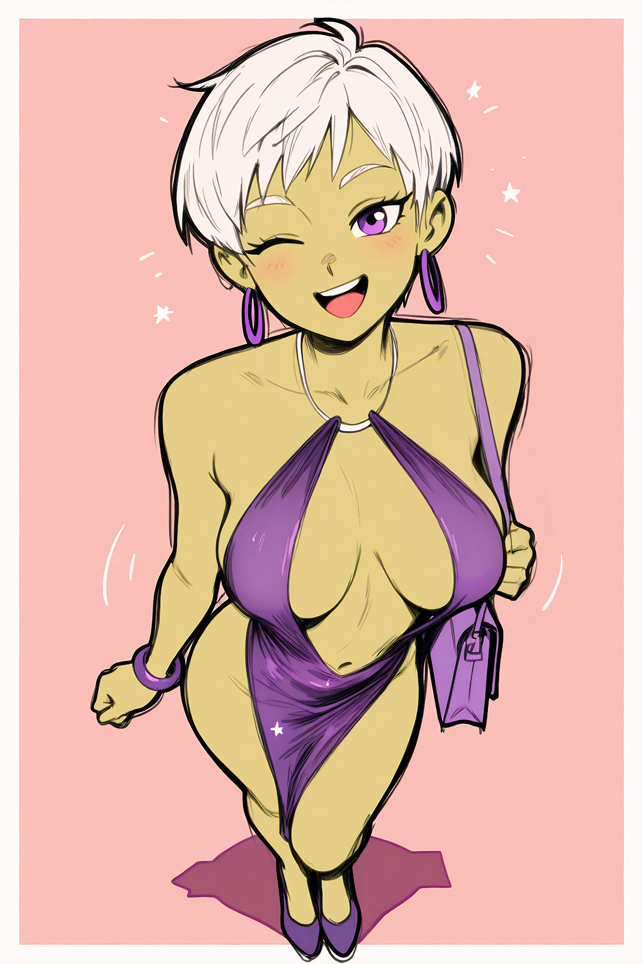 1girls, ai generated, cheelai, dragon ball, dragon ball super, dress, fr34ky, green skin, white hair