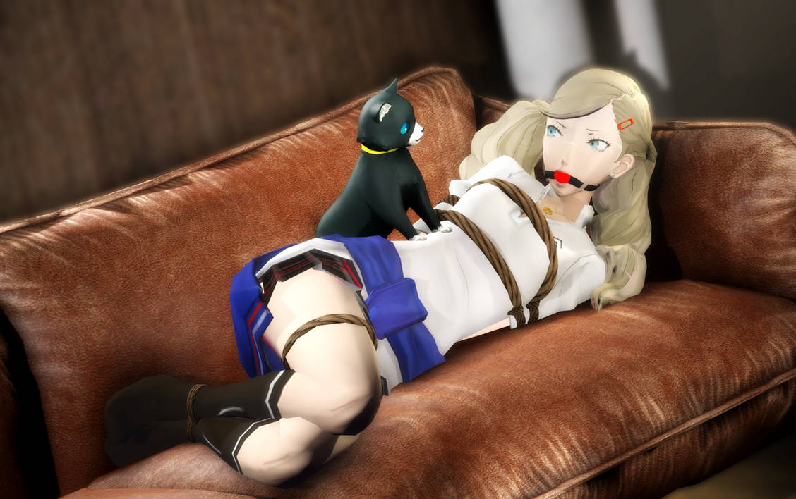 1girls 3d ann_takamaki arms_tied_behind_back ball_gag black_socks blonde_hair blue_eyes blue_jacket bondage breasts couch earrings feline gag gagged hairclip jacket jacket_around_waist laying_on_couch legs_tied medium_breasts morgana_(persona) necklace on_side persona persona_5 plaid_skirt rope rope_bondage school_uniform shibari_over_clothes shirt skirt skyripe socks solo twintails white_shirt