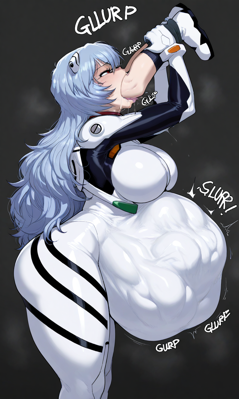 ai_generated curvy huge_belly huge_breasts huge_thighs mini_giantess neon_genesis_evangelion rei_ayanami sleepyshark swallowing swallowing_whole voluptuous vore vore_belly