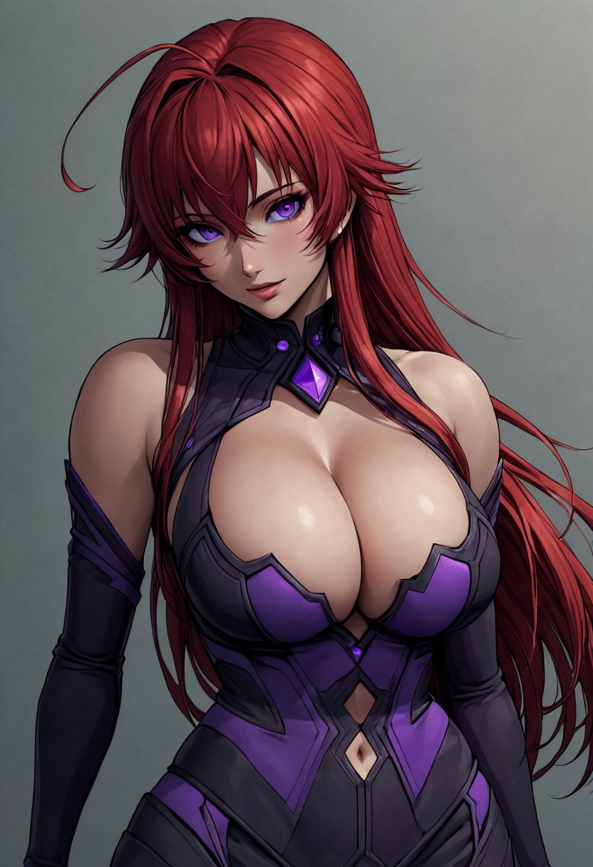 ai_generated big_breasts breasts cleavage cleavage_cutout female female_focus female_only huge_breasts japanese purple_eyes red_hair