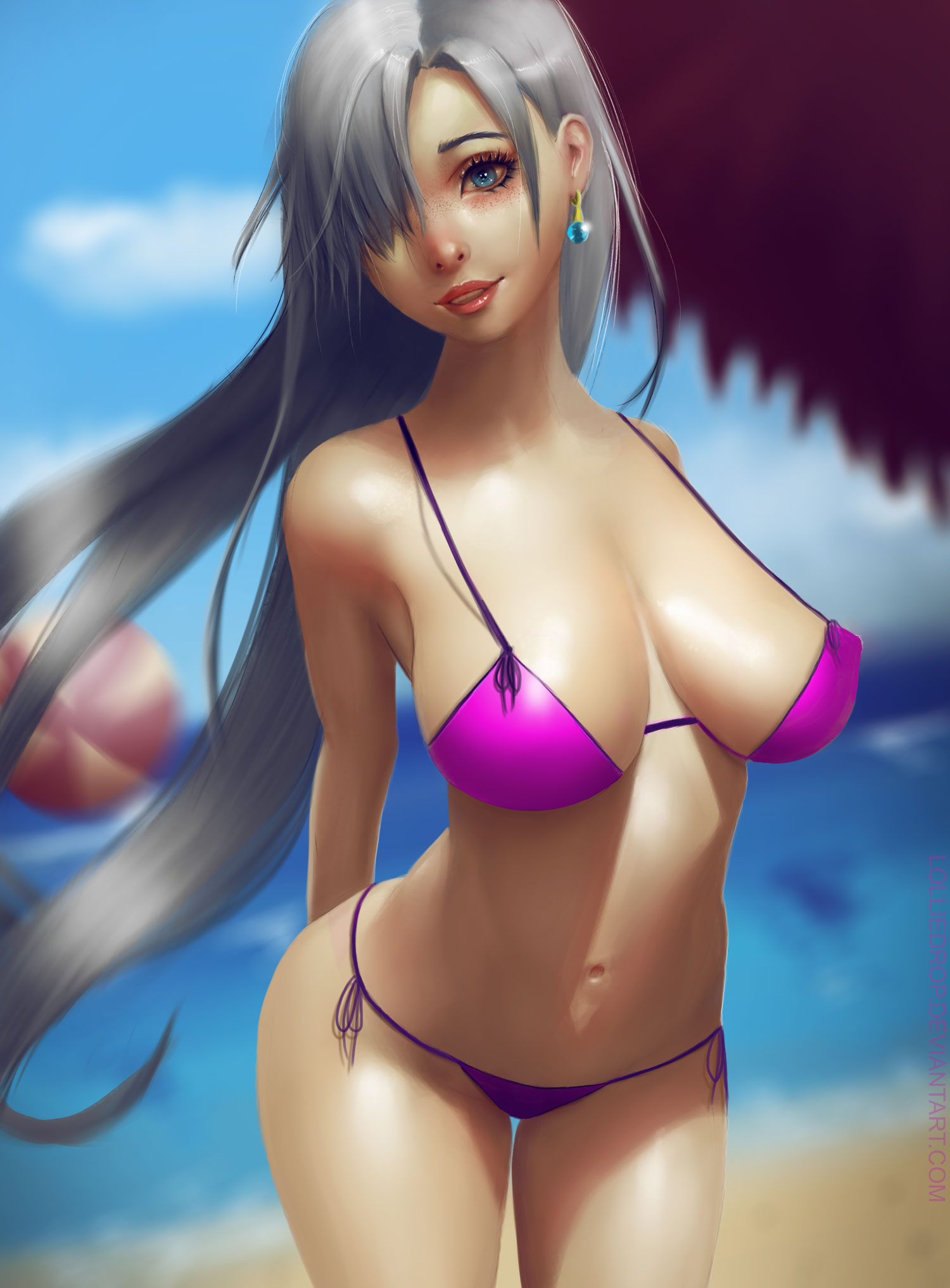 1girls, arms behind back, artist name, ball (object), bare shoulders, beach, beach ball, belly, bikini, blue eyes, blue sky, blurry, blurry background, bokeh, breasts, breasts apart, cleavage, collarbone, covered breasts, cowboy shot, day, depth of field, earrings, elizabeth liones, erect nipples, eyeliner, eyeshadow, female, female only, hair over one eye, high resolution, hips, jewelry, large breasts, legs, lipstick, lolliedrop, long hair, looking at viewer, makeup, midriff, nanatsu no taizai, navel, nipple bulge, nipples, ocean, open mouth, pink lips, pink lipstick, purple bikini, side-tie bikini, silver hair, sky, smile, solo, strap gap, string bikini, swimsuit, teeth, thighs, very long hair, water, watermark, web address, white hair